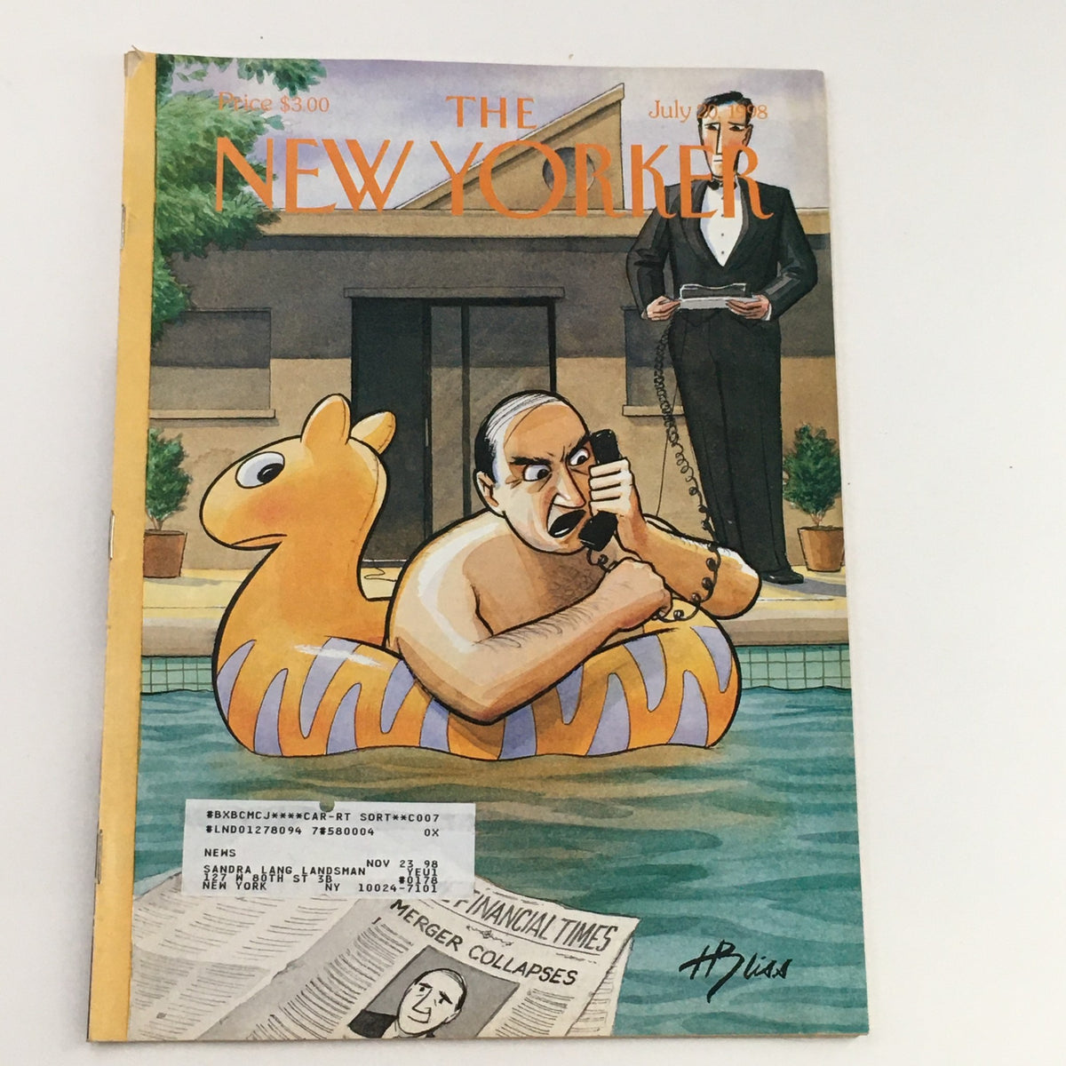 The New Yorker Full Magazine July 20 1998 featuring the cover artwork 'Trouble Afloat' by Harry Bliss, showcasing a humorous scene with a man in a pool on a float and a tuxedo-clad butler.