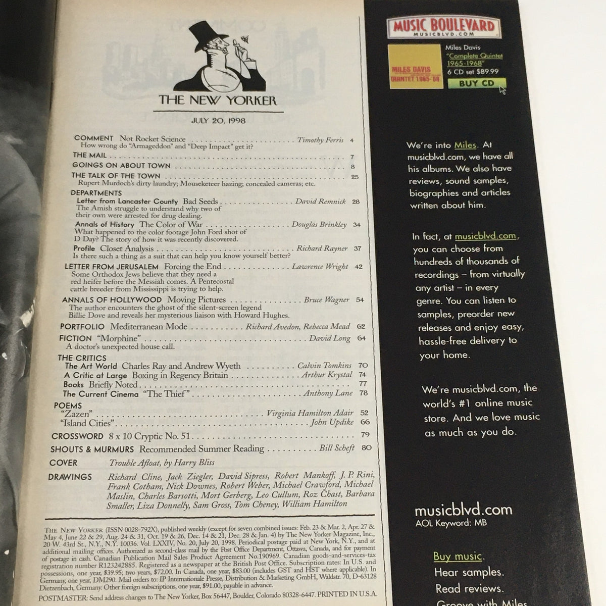 The New Yorker Full Magazine July 20 1998, featuring contents page with articles and features listed, including 'Trouble Afloat' by Harry Bliss.