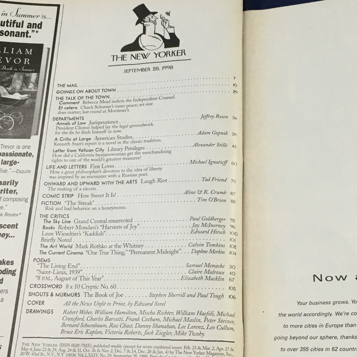 Inside page of The New Yorker magazine, September 28, 1998, displaying the table of contents and various article titles illustrating the magazine's diverse topics.