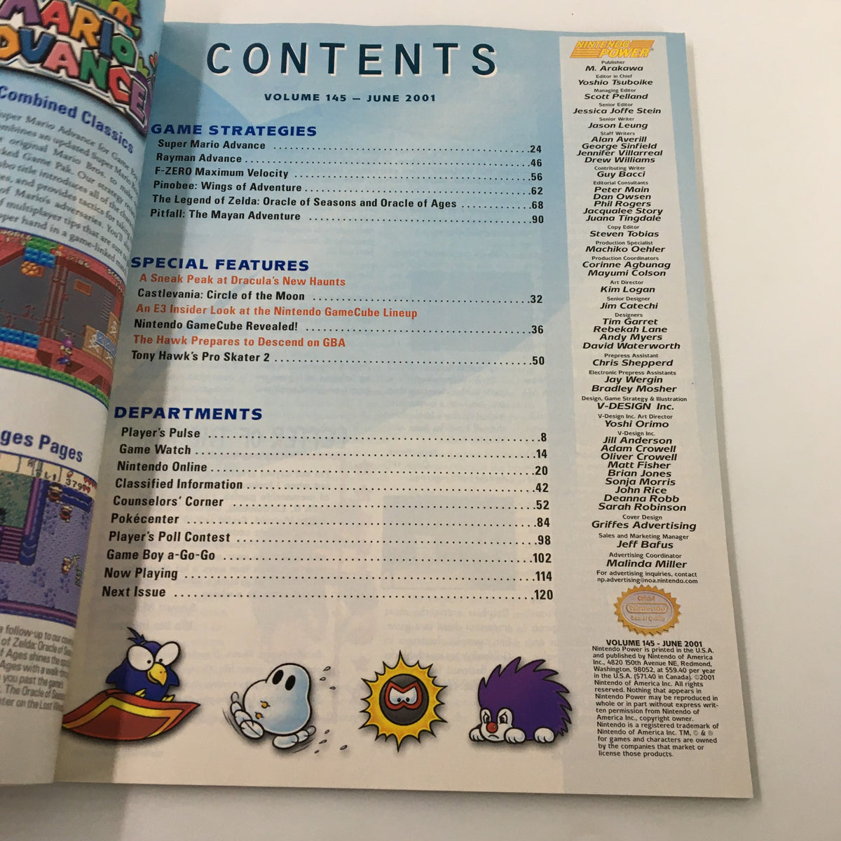 Contents page of Nintendo Power Magazine #145 June 2001, outlining sections including Game Strategies and Special Features related to Super Mario Advance and Rayman Advance.