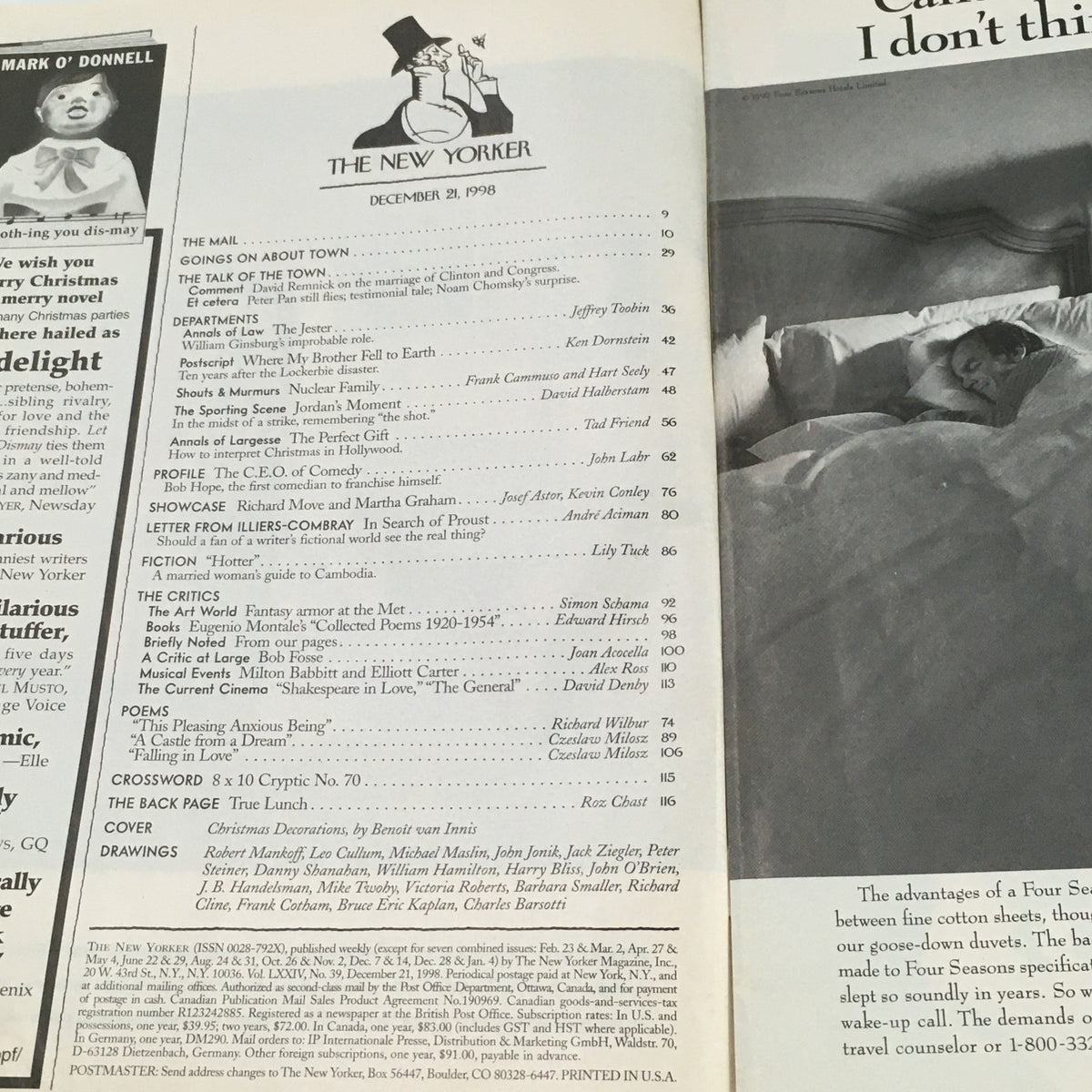 Interior page of The New Yorker December 21, 1998, displaying the table of contents and article titles alongside a black and white image of a sleeping figure.