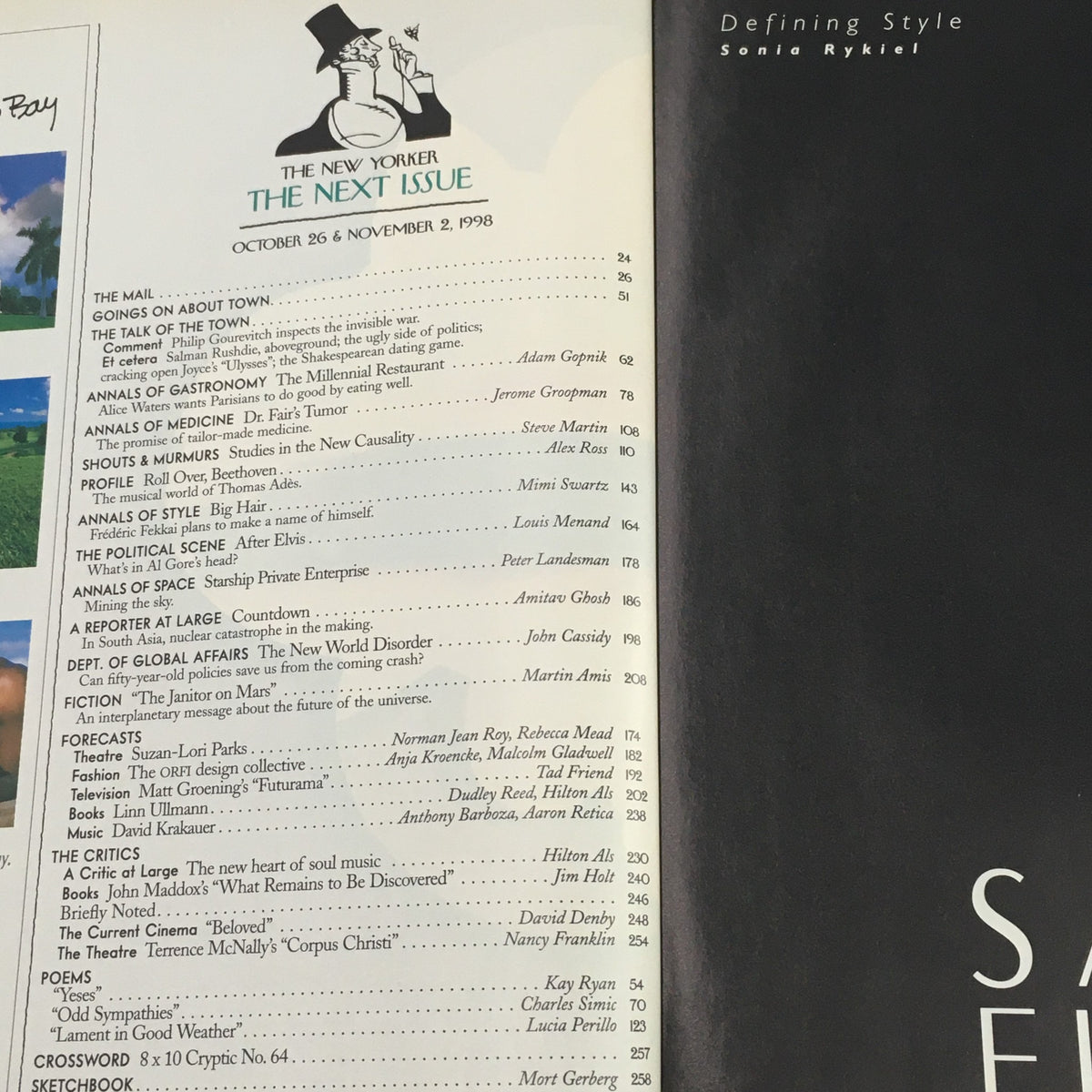 Table of contents for The New Yorker Full Magazine October 26 1998, listing featured articles and topics, including 'What's Next' by Art Spiegelman.