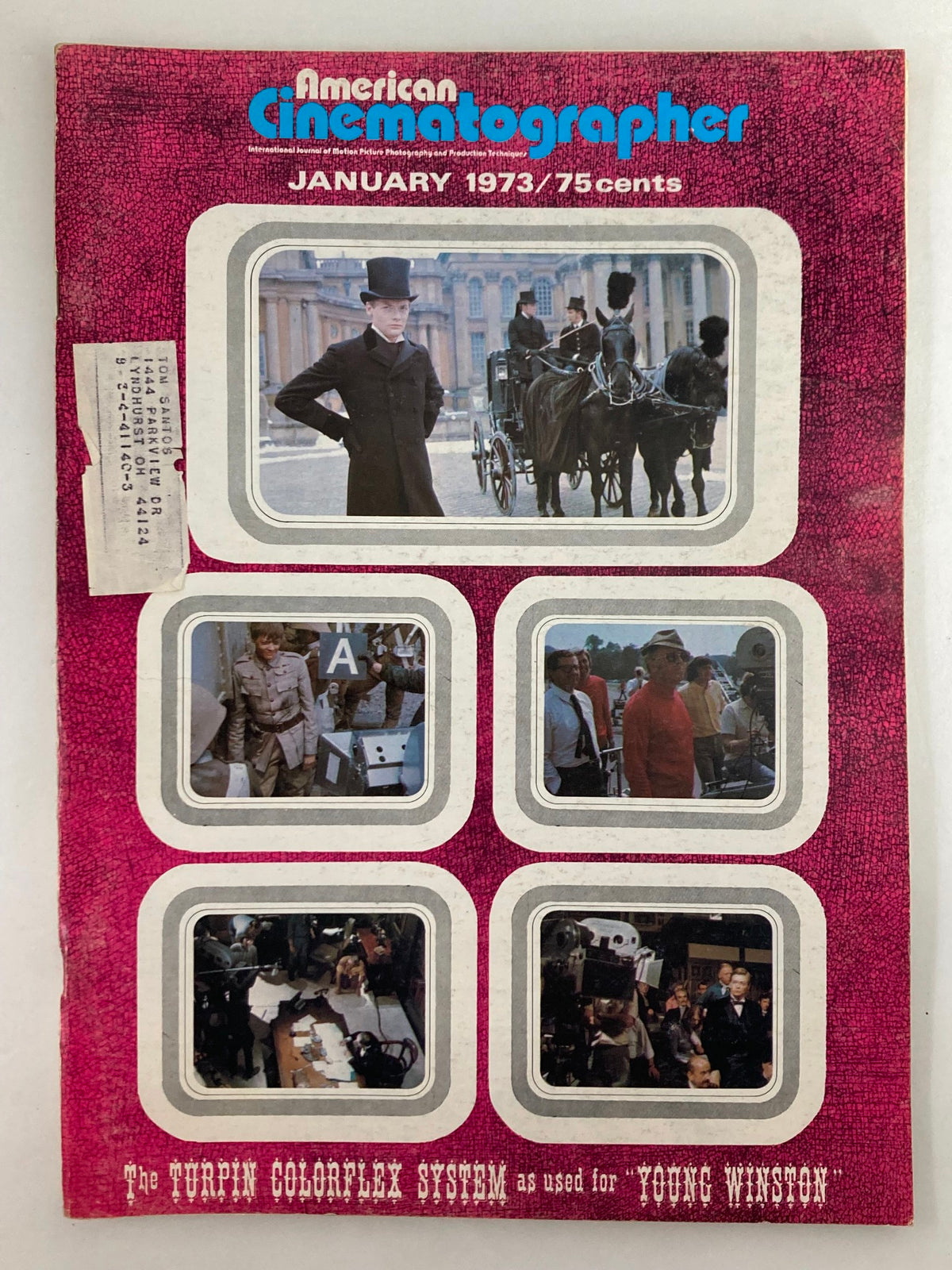 Cover of American Cinematographer Magazine from January 1973 featuring Simon Ward in 'Young Winston' with historical film images and vintage design.