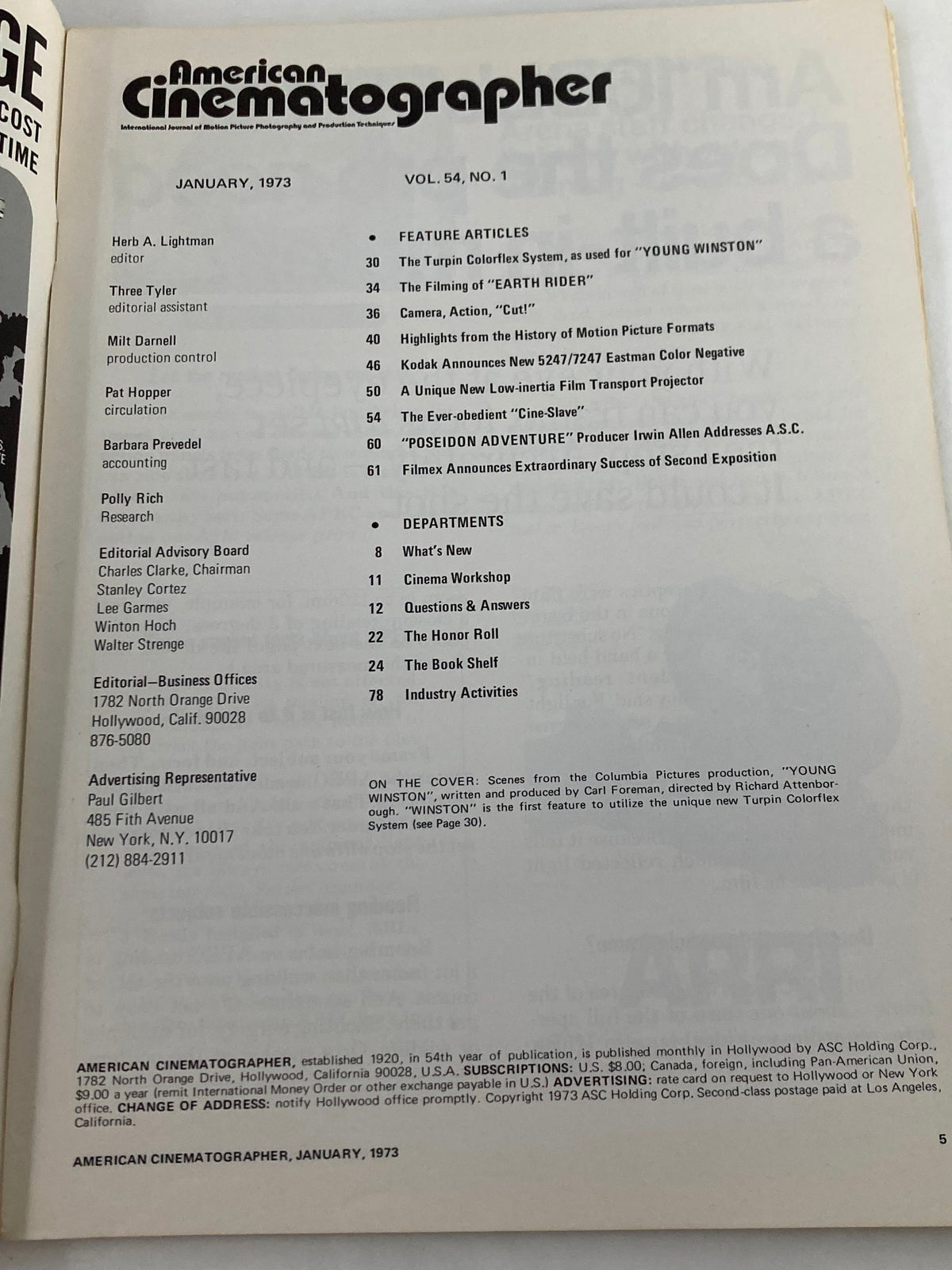 Interior page of American Cinematographer Magazine January 1973, showing the table of contents and feature articles, highlighting topics like the Turpin Colorflex System.