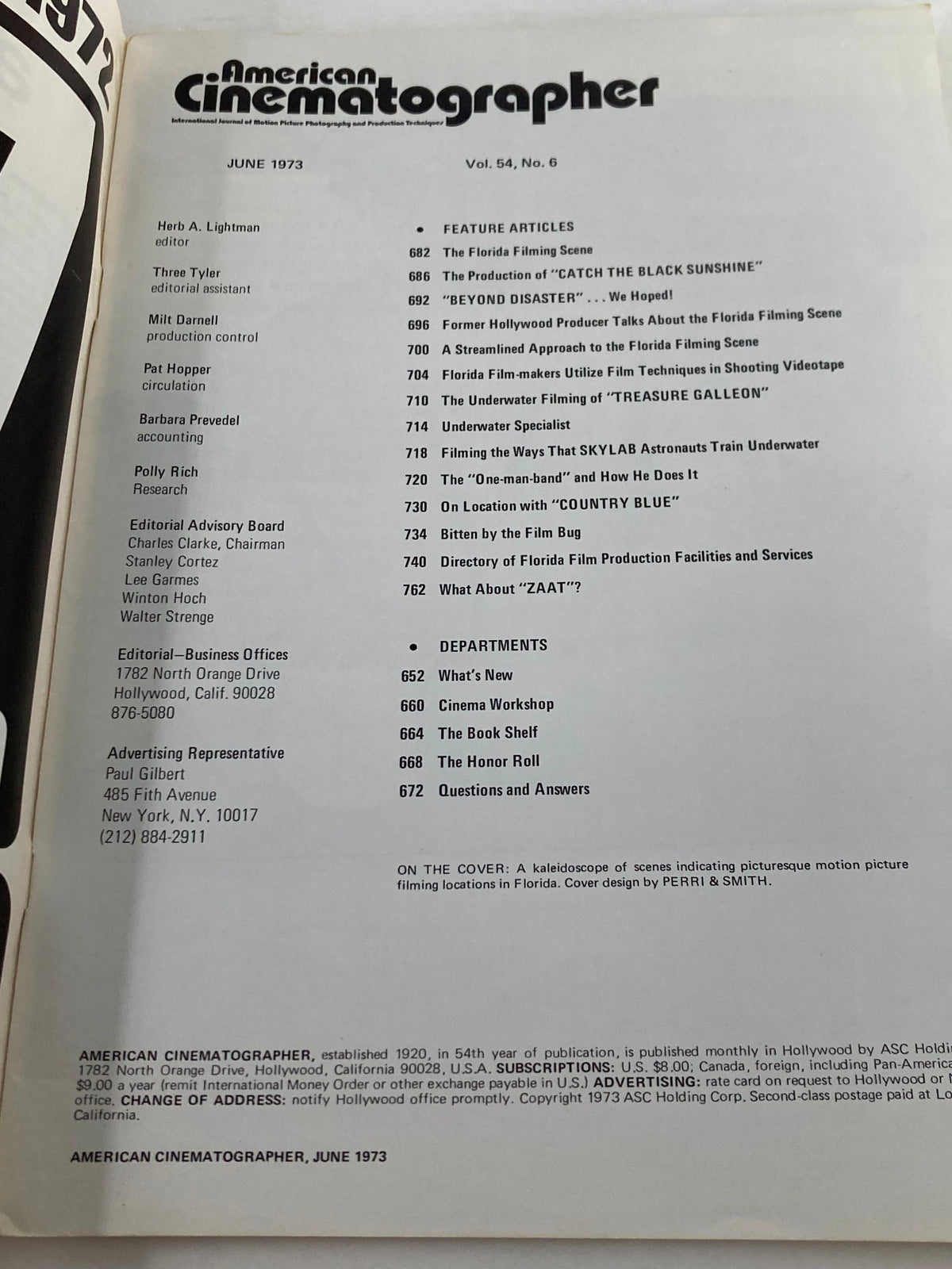 Interior page of American Cinematographer Magazine June 1973 displaying the table of contents highlighting articles on the Florida filming scene and various cinematography topics.