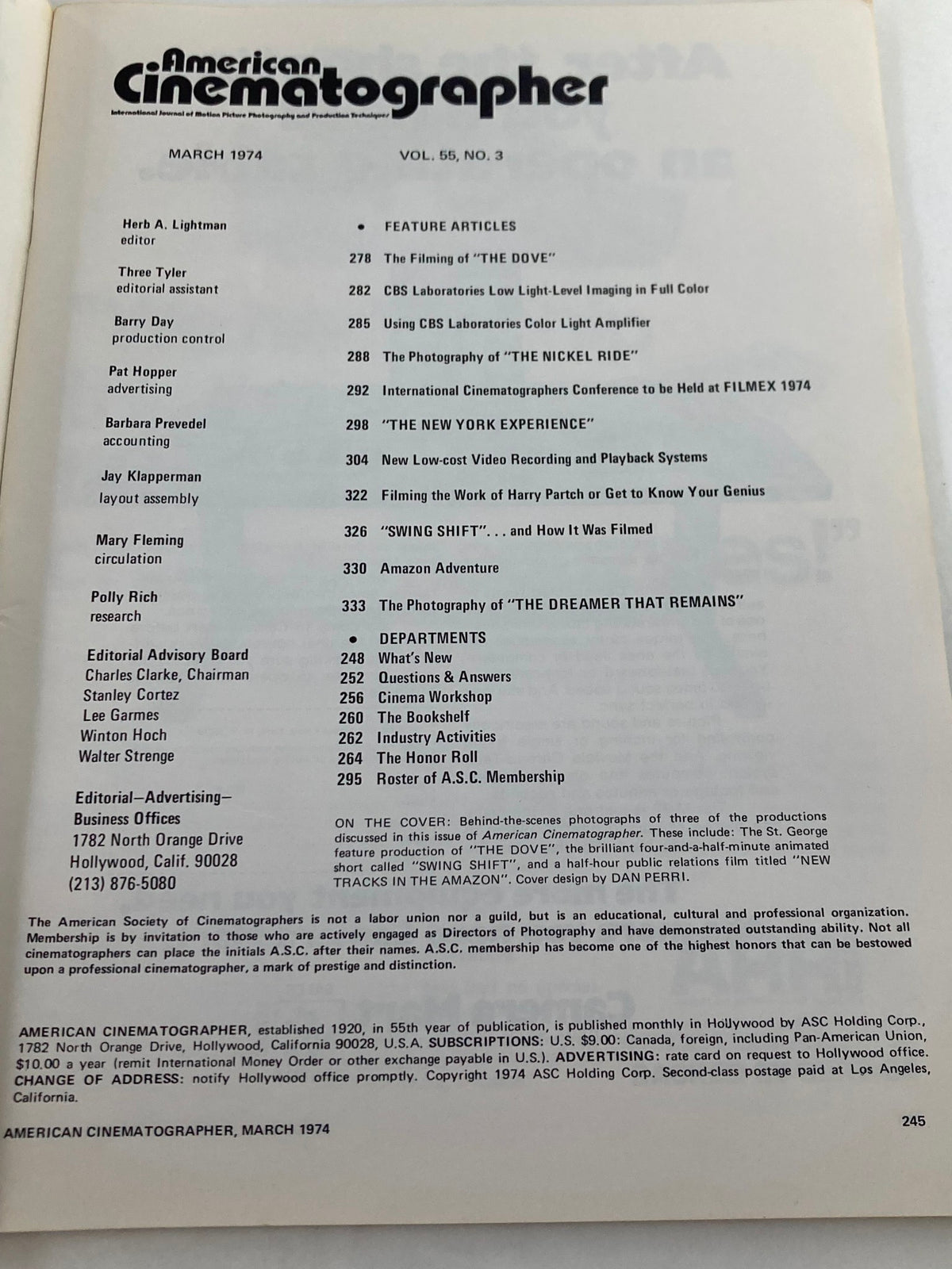 Interior page of American Cinematographer Magazine March 1974 showcasing the table of contents, highlighting feature articles including 'The Filming of The Dove' and 'Swing Shift'.