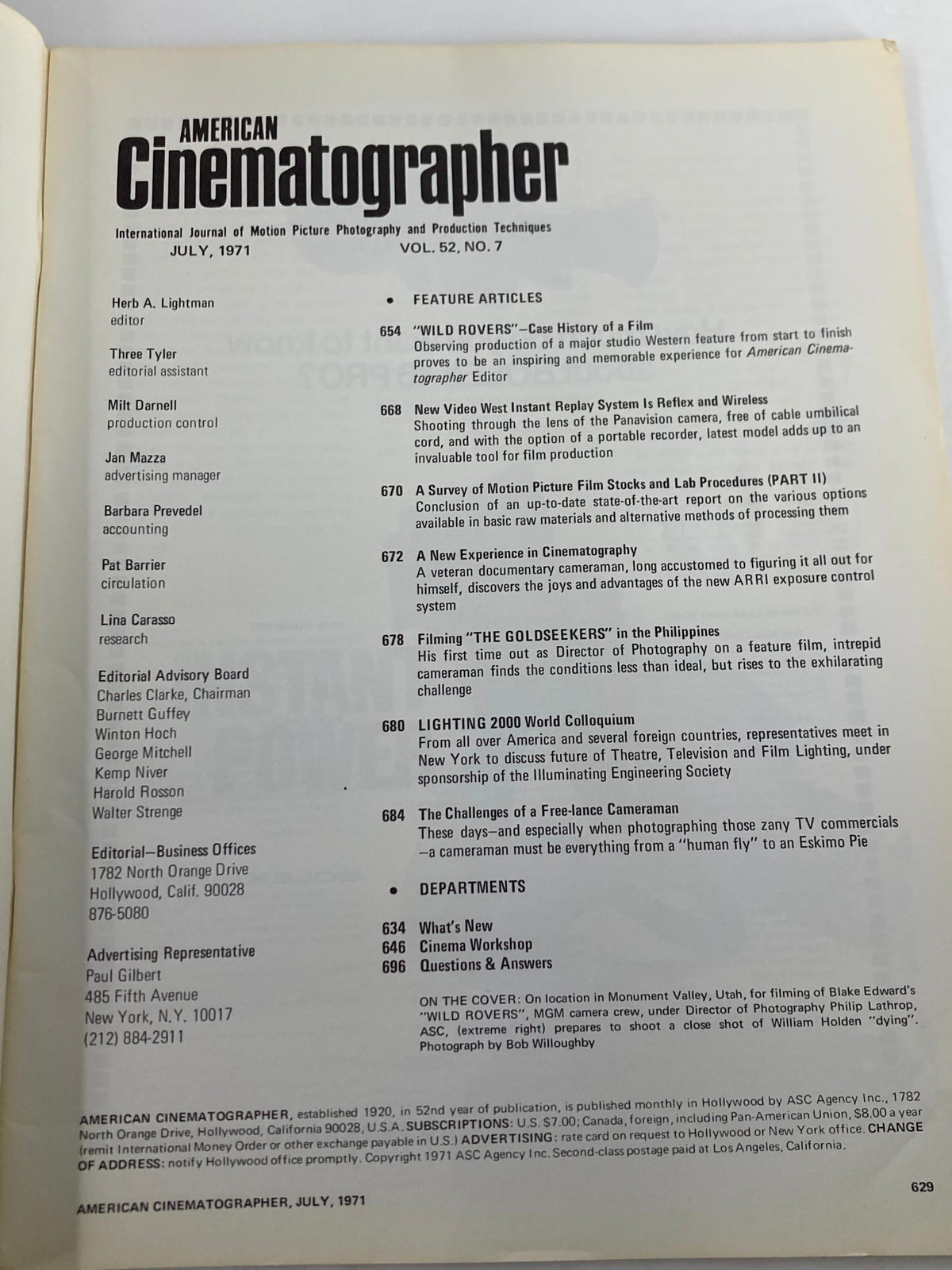 American Cinematographer Magazine July 1971 page featuring articles and the editorial staff, including a case history of the film 'Wild Rovers.' This page provides insight into the publication's focus on cinematography and film industry advancements.