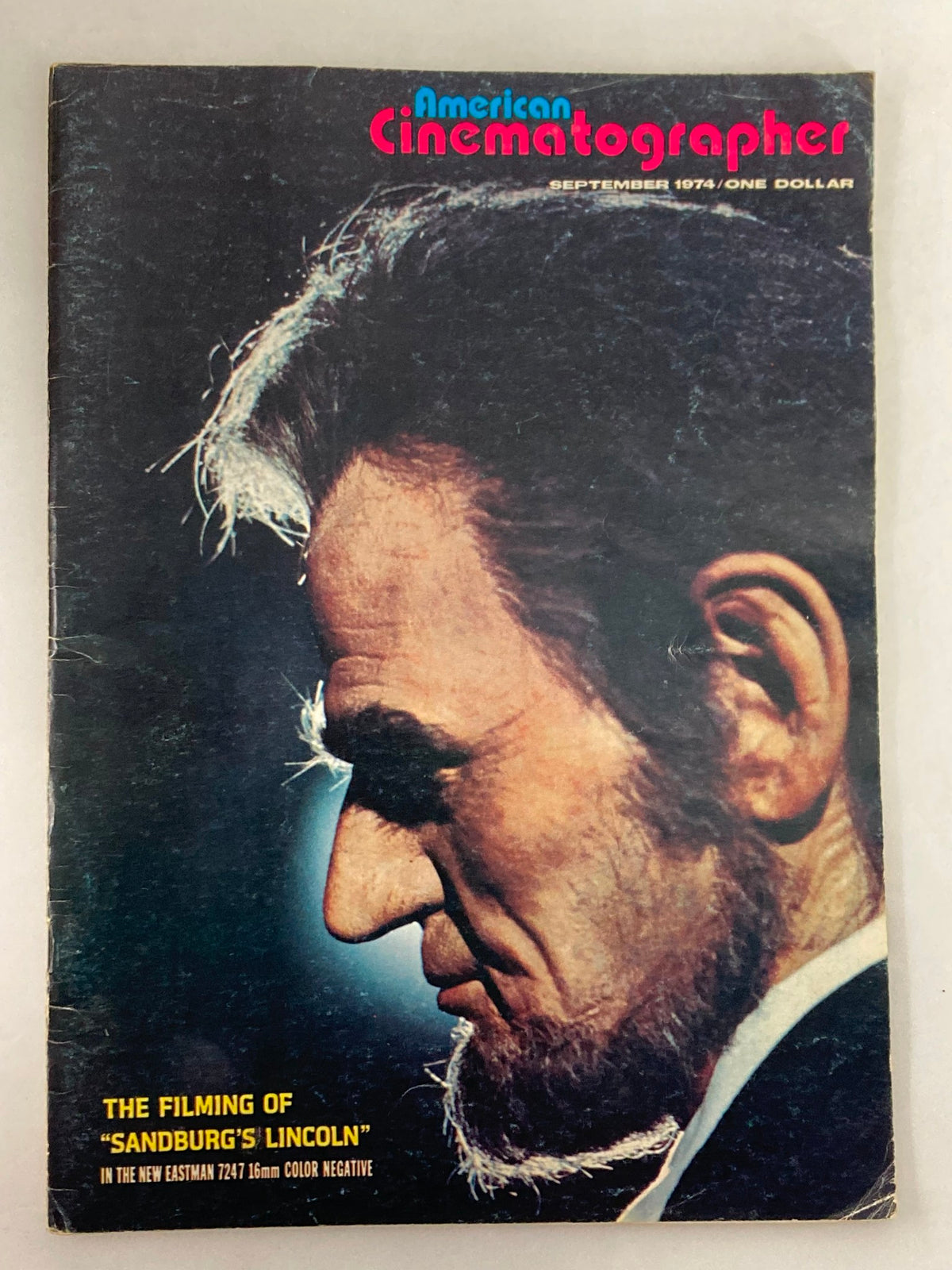 Cover of American Cinematographer Magazine from September 1974 featuring Hal Holbrook's portrayal of Lincoln in 'Sandburg's Lincoln' with a dramatic profile image.