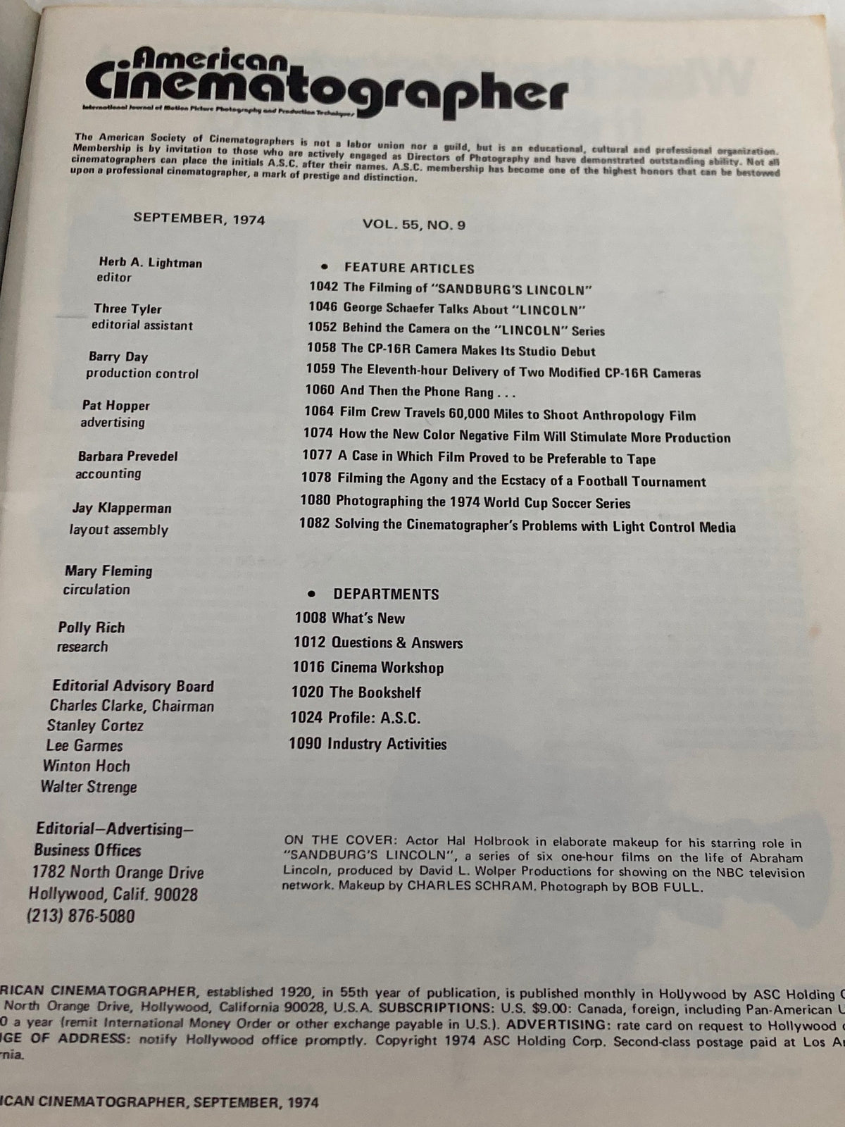 Table of contents from American Cinematographer Magazine September 1974, featuring articles about 'Sandburg's Lincoln' and cinematography insights.