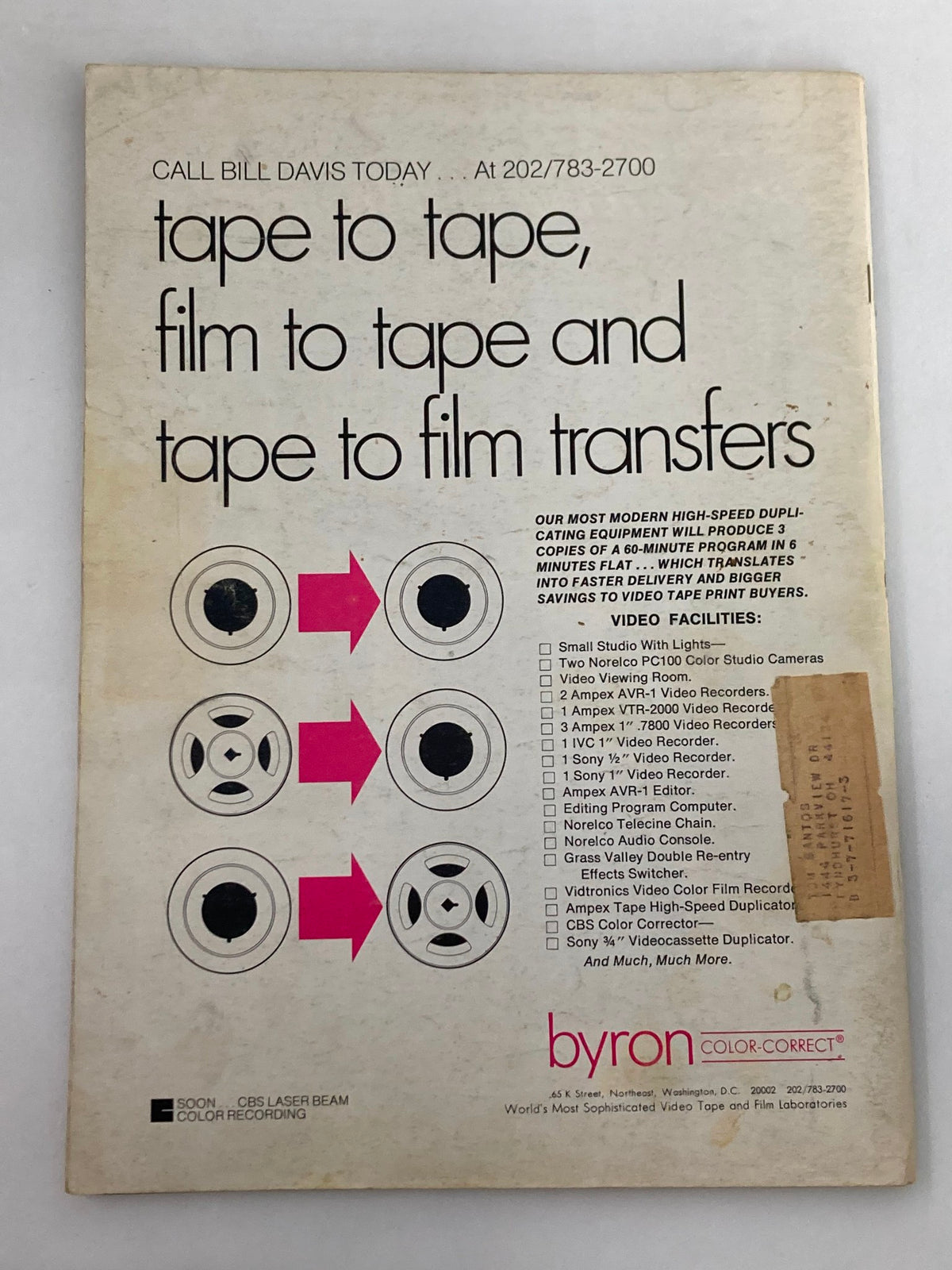 Back cover of American Cinematographer Magazine September 1974, showcasing video transfer services with a colorful design.