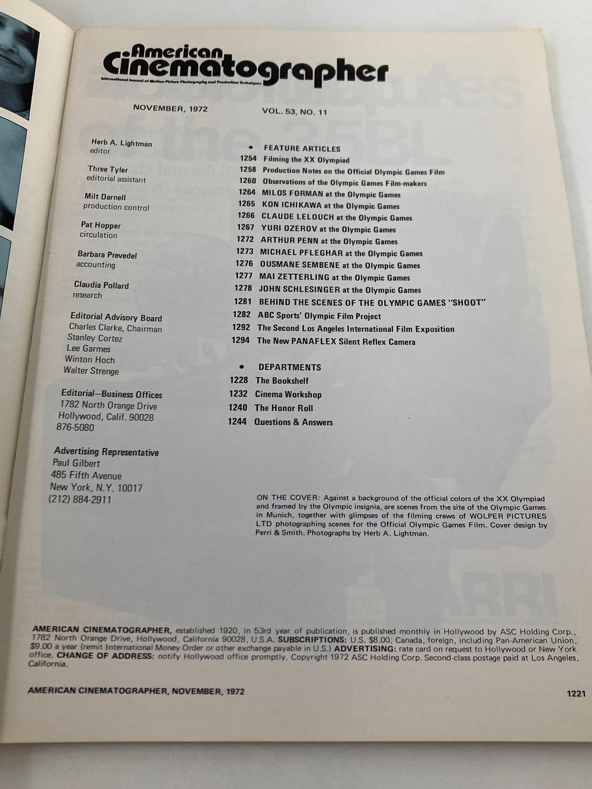 Inside page of American Cinematographer Magazine November 1972, featuring the table of contents with articles on Filming the XX Olympiad and other related cinematography topics.