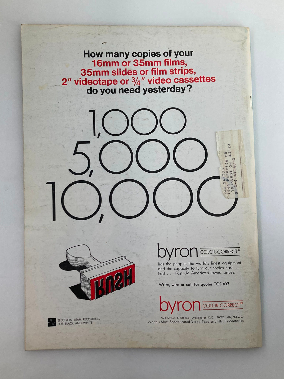 Back cover of American Cinematographer Magazine November 1972, showcasing an advertisement for film and video replication services, highlighting options for different film formats.