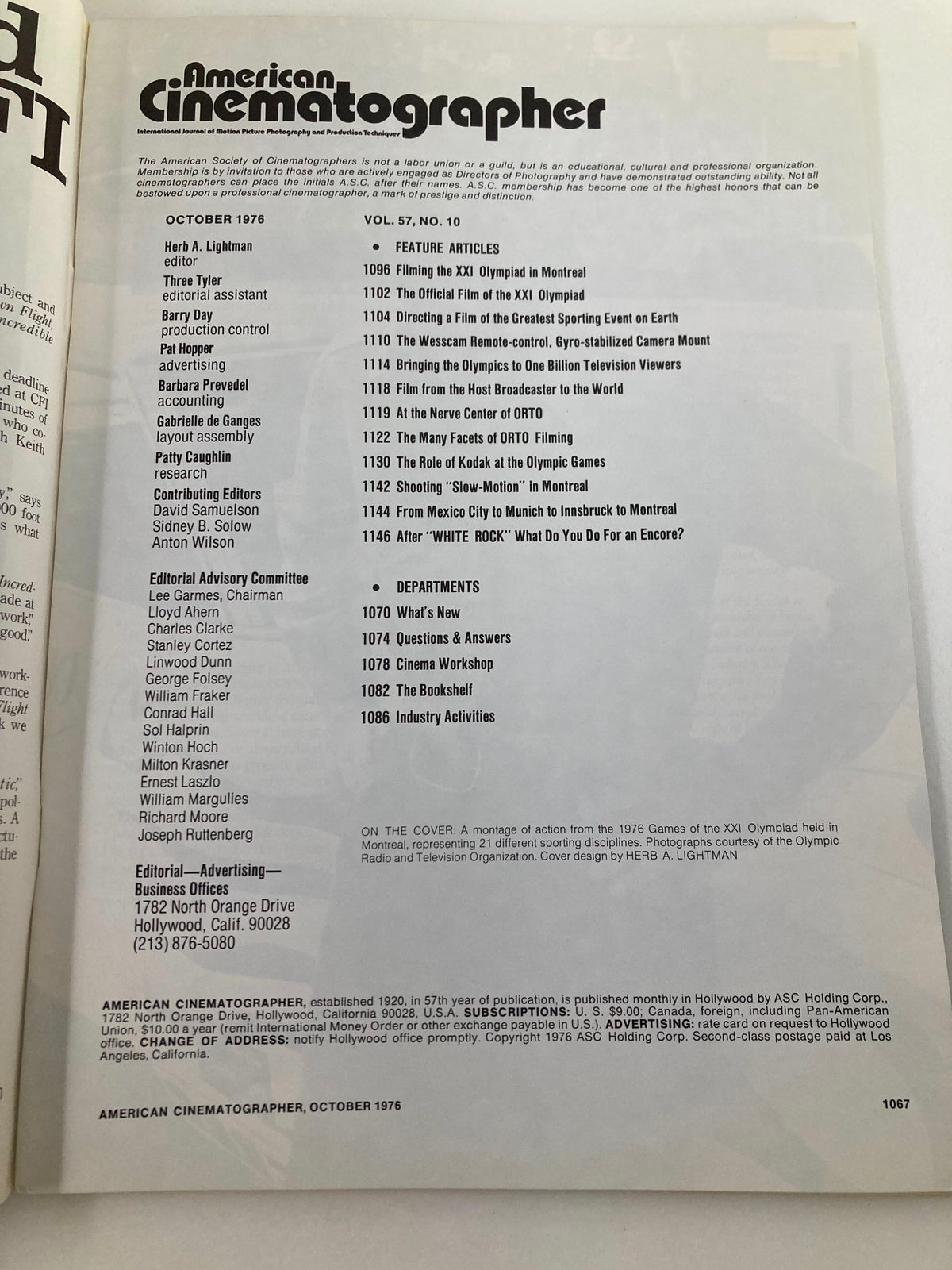 Interior page of American Cinematographer Magazine from October 1976, displaying the table of contents and feature articles related to the XX Olympiad in Montreal.