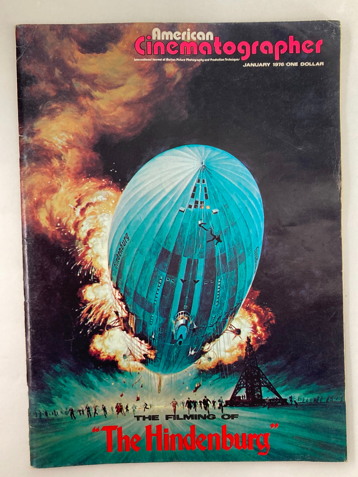 Cover of American Cinematographer Magazine January 1976 featuring an illustration of the Hindenburg airship with dramatic flames and explosions.