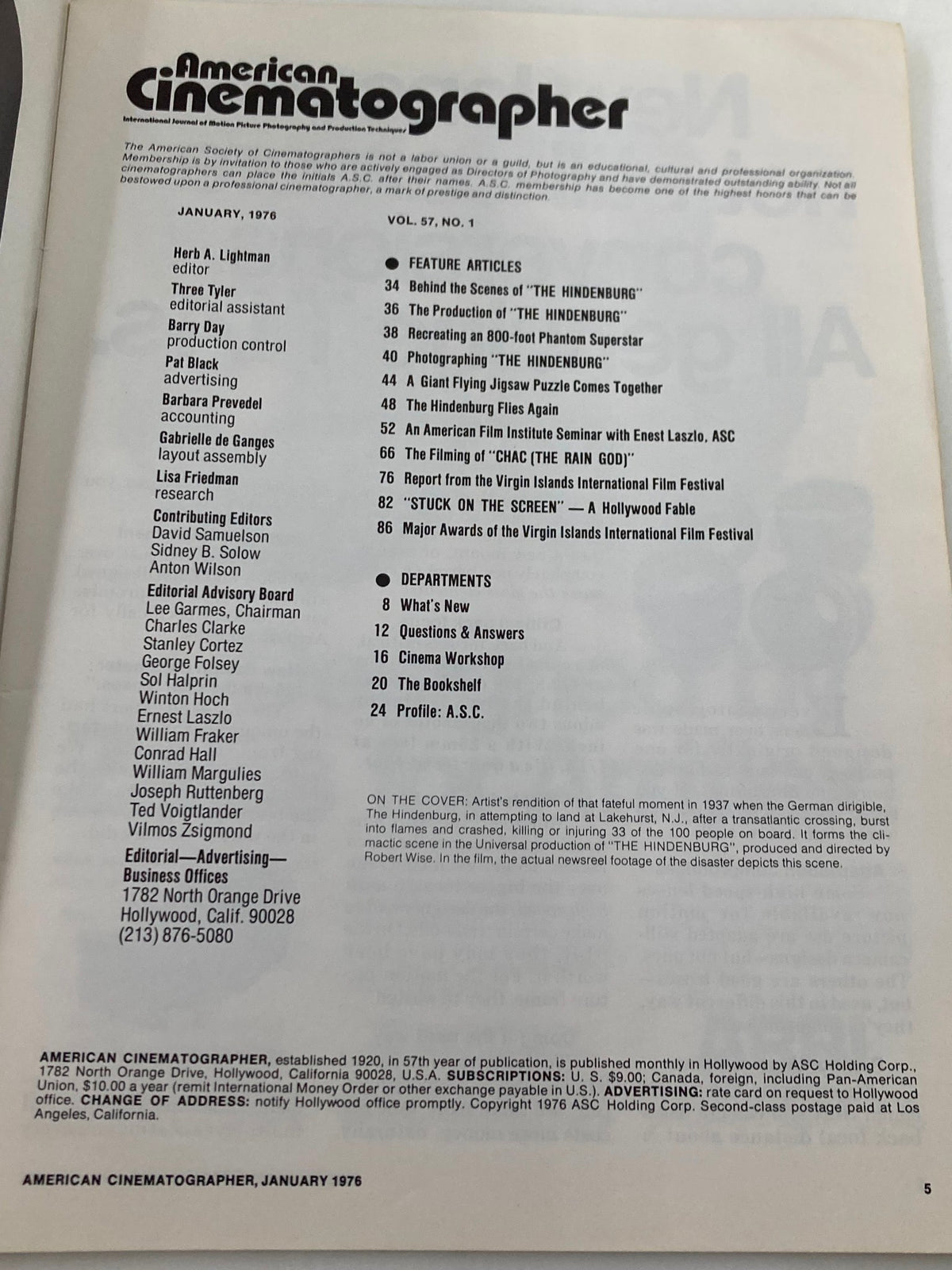 Table of contents from American Cinematographer Magazine January 1976, detailing feature articles including 'Behind the Scenes of The Hindenburg'.