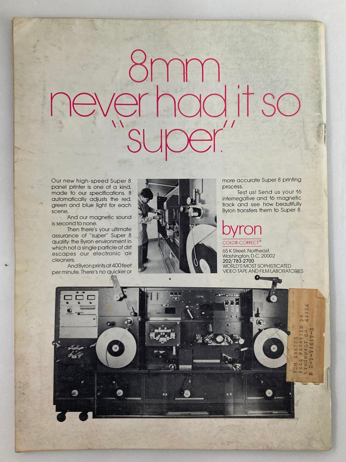Back cover of American Cinematographer Magazine January 1976 showcasing an advertisement for a Super 8 panel printer.