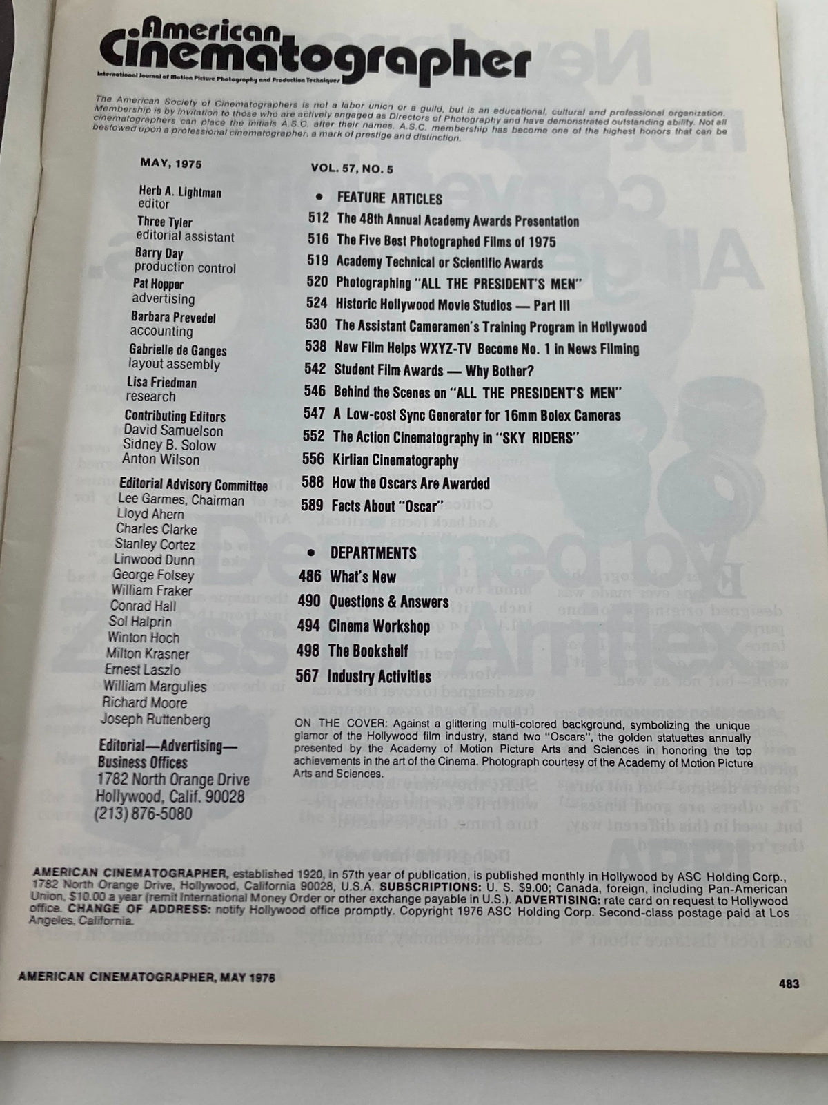 Table of contents from the American Cinematographer Magazine May 1976, detailing feature articles and sections related to film and cinematography.