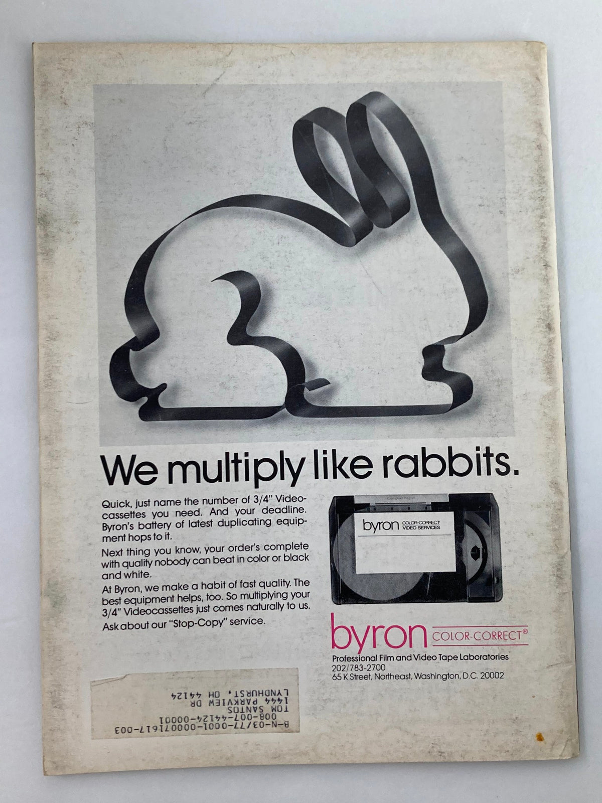 Back cover of American Cinematographer Magazine May 1976 featuring an advertisement for Byron Color-Correct video services, showcasing vintage design.