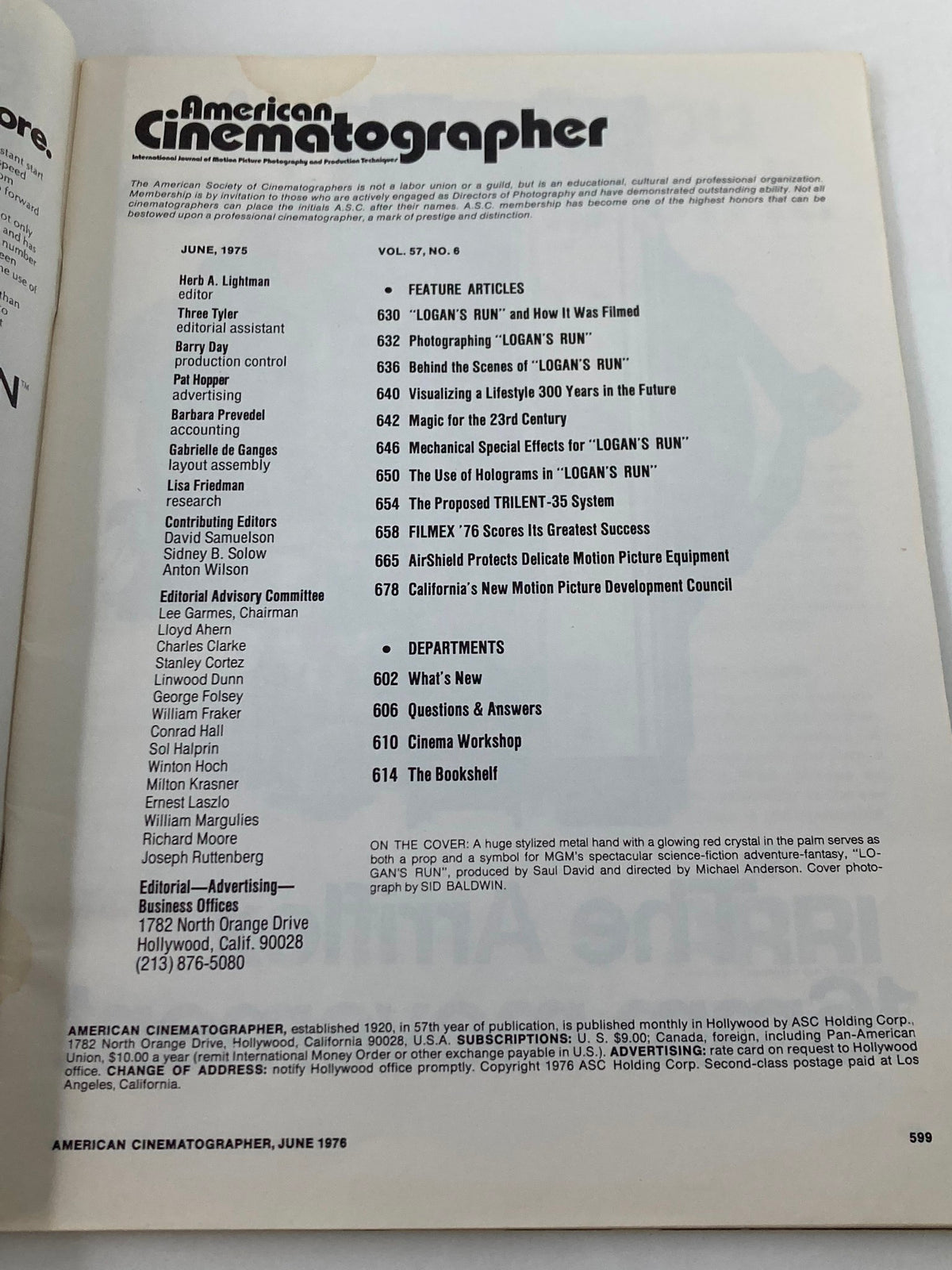 Interior page of American Cinematographer Magazine June 1976 displaying the table of contents, highlighting articles related to the film 'Logan's Run'.