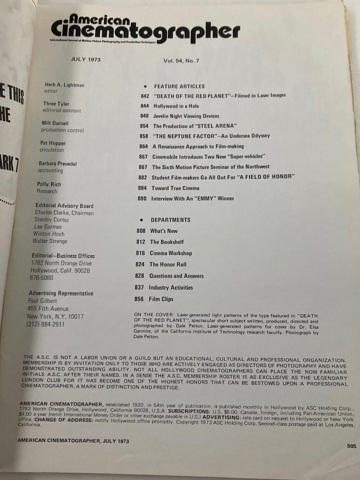 Table of contents page from American Cinematographer Magazine July 1973 detailing feature articles, including "Death of the Red Planet".