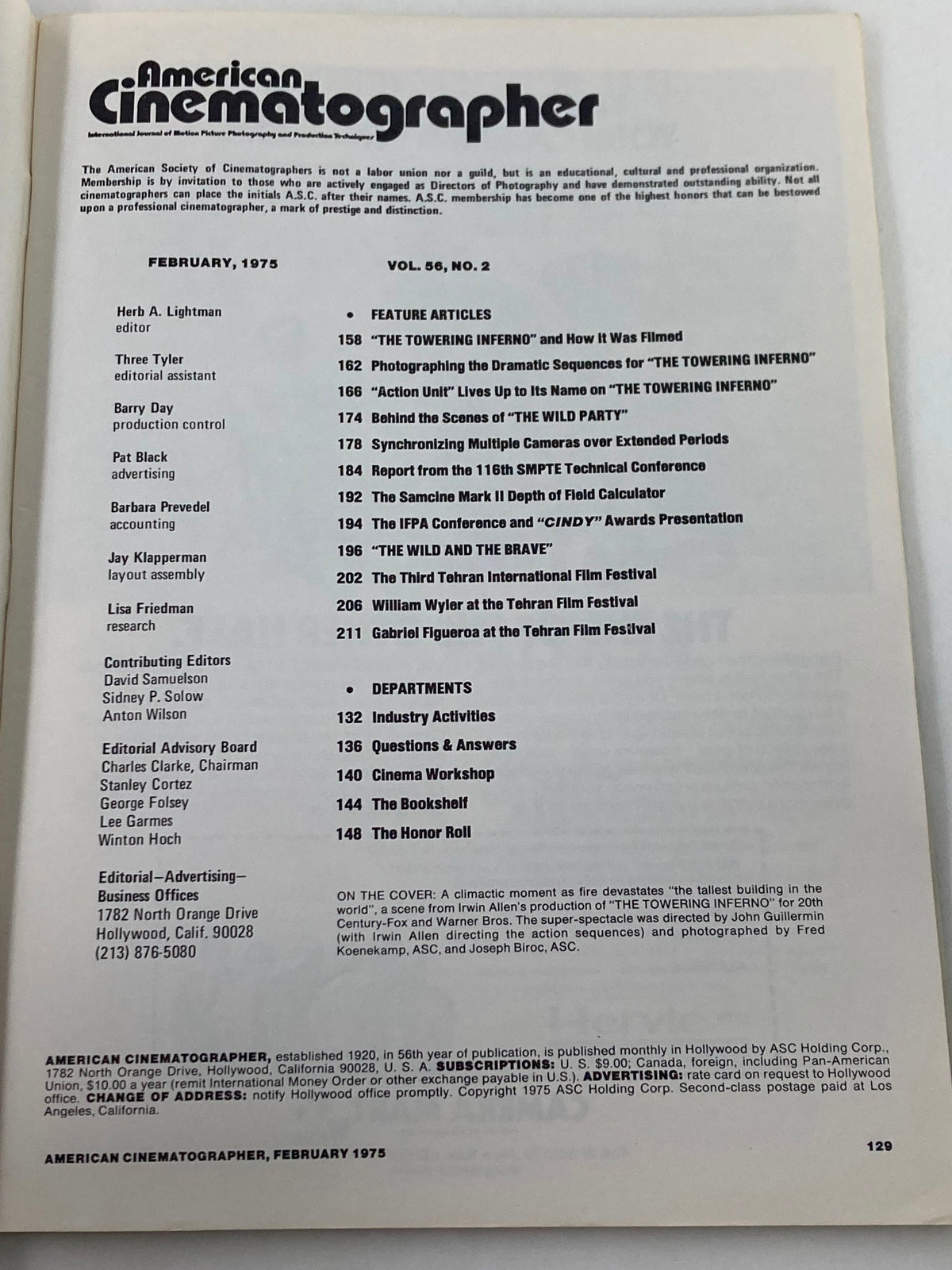 Interior page of American Cinematographer Magazine February 1975, detailing feature articles including 'The Towering Inferno' and film production insights.