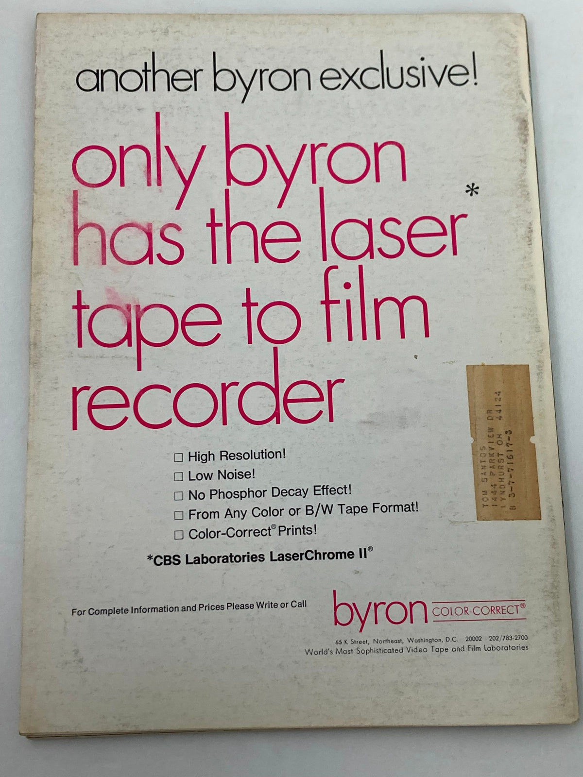 Back cover of American Cinematographer Magazine February 1975, promoting Byron's laser tape to film recorder with high resolution features.