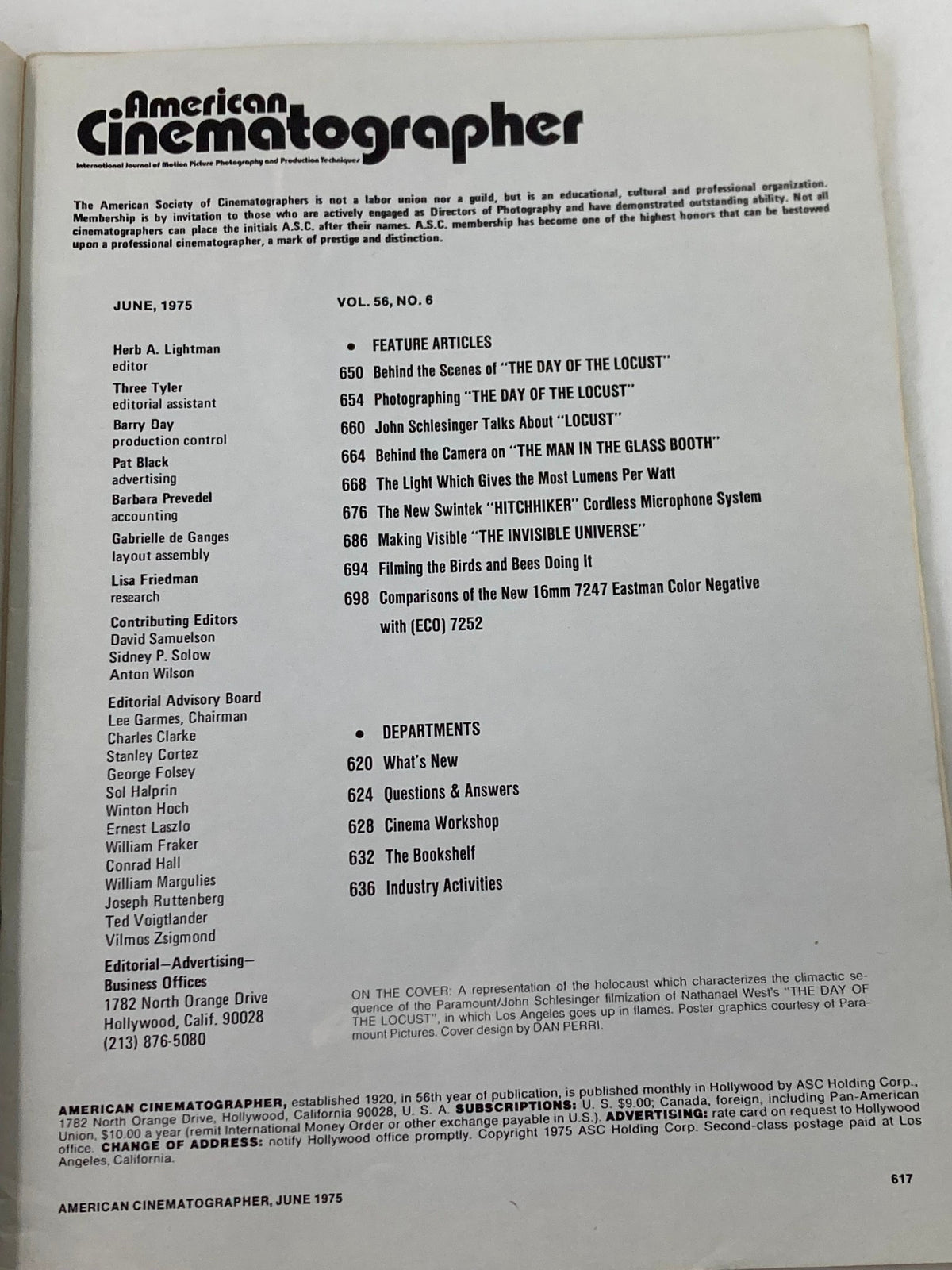 Inside page of American Cinematographer Magazine, June 1975, detailing feature articles including 'Behind the Scenes of The Day of the Locust'.