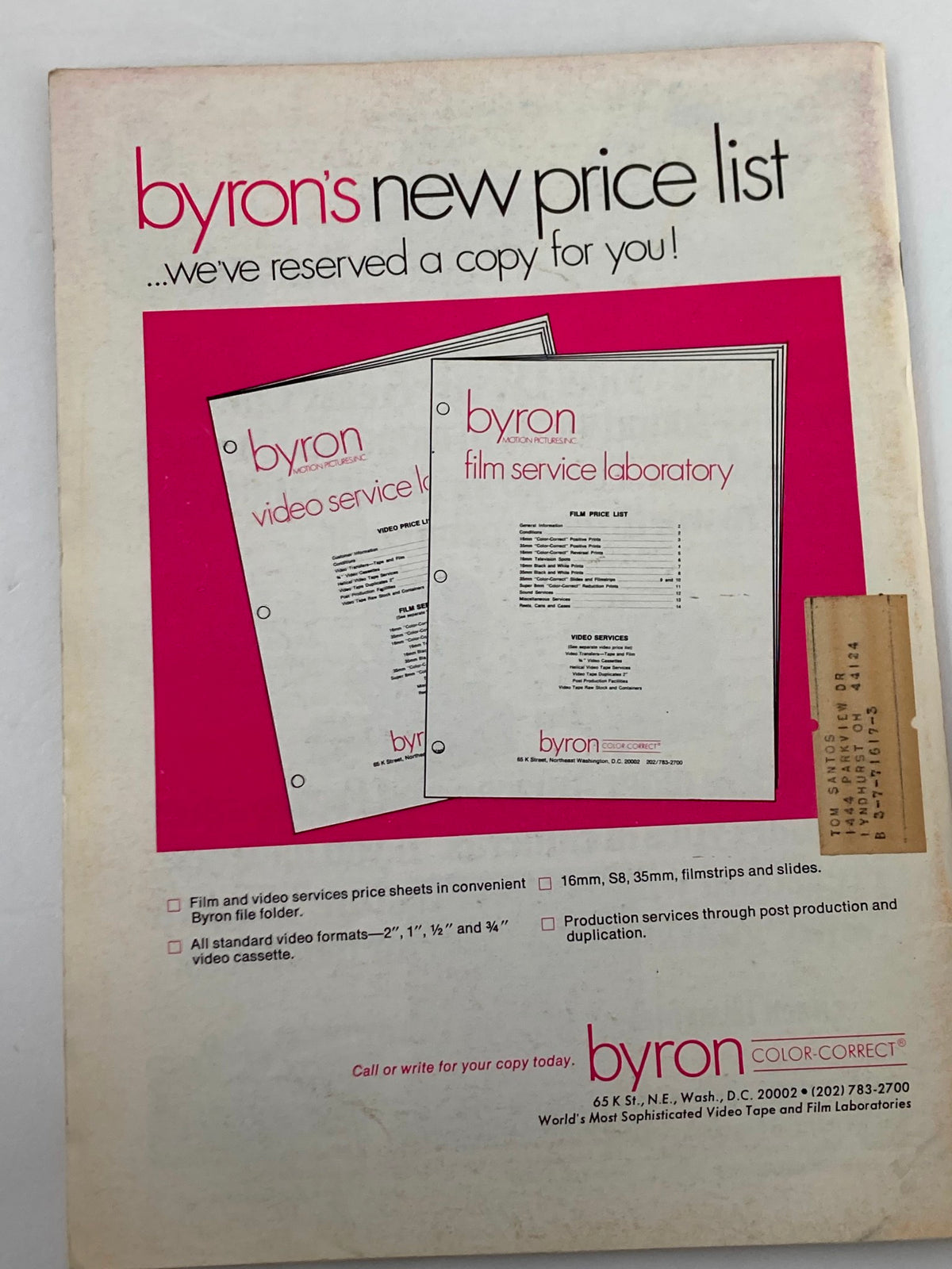 Back cover of American Cinematographer Magazine, June 1975, showcasing a promotional price list for Byron's video and film services.