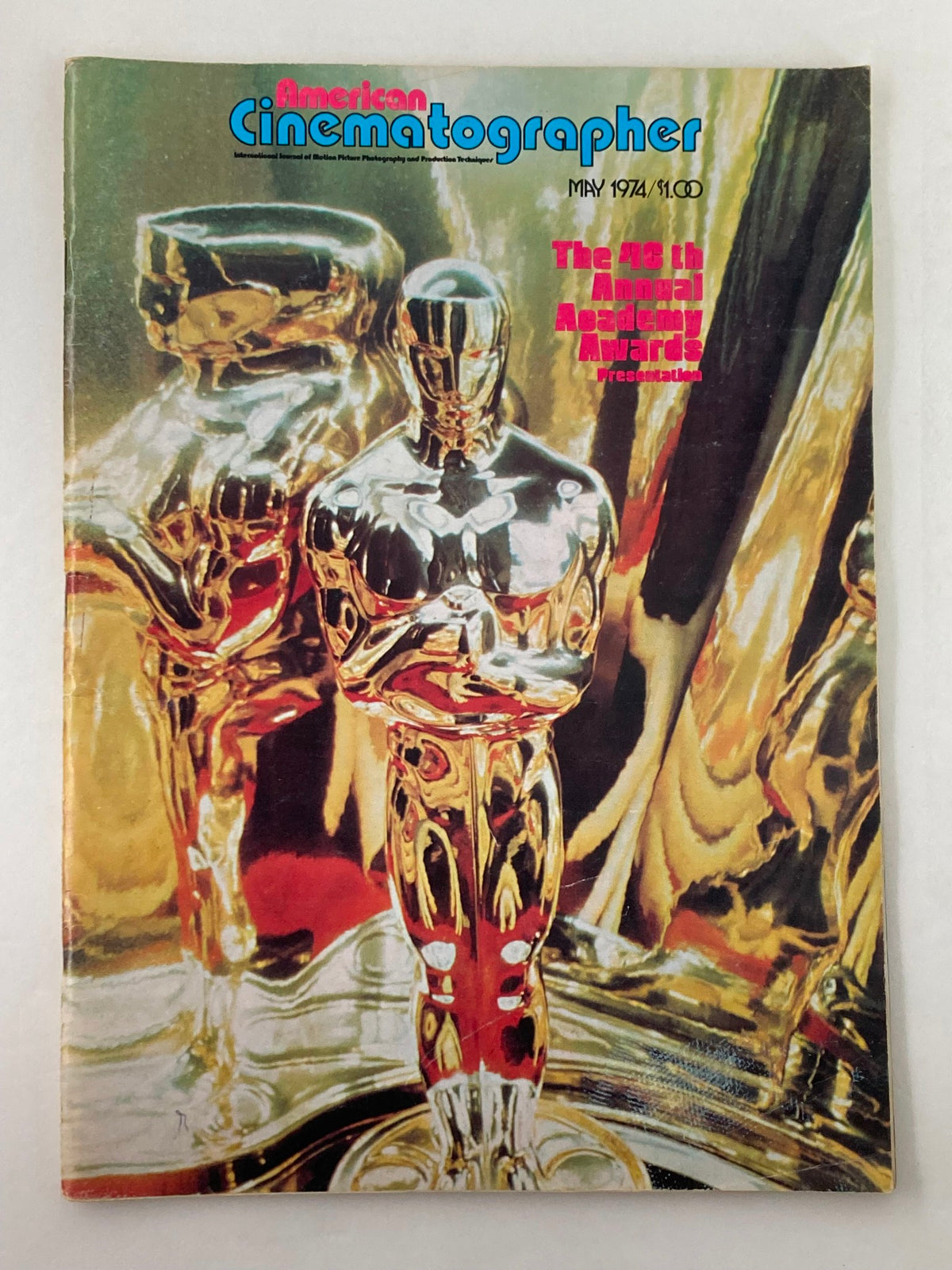 Cover of American Cinematographer Magazine May 1974 featuring the 46th Annual Academy Awards with an artistic depiction of Oscar statuettes.
