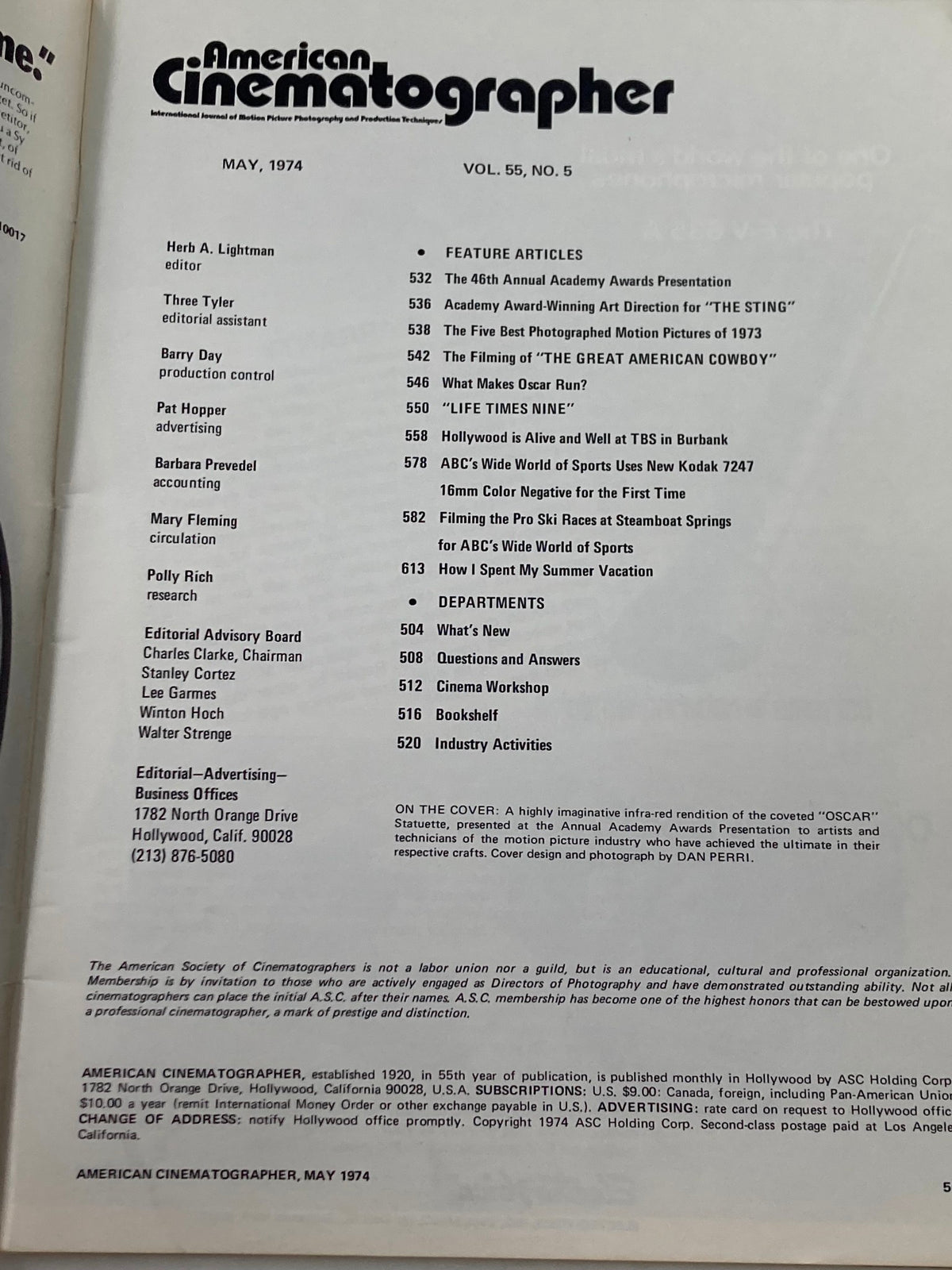 Interior page of American Cinematographer Magazine May 1974 showing the table of contents and feature articles related to the 46th Annual Academy Awards.
