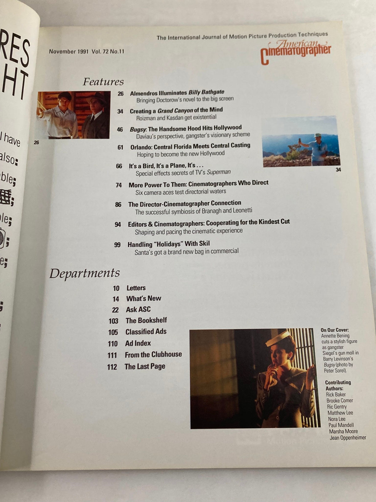 Interior page of American Cinematographer Magazine November 1991 with a table of contents, detailing featured articles including interviews and insights on filmmaking.