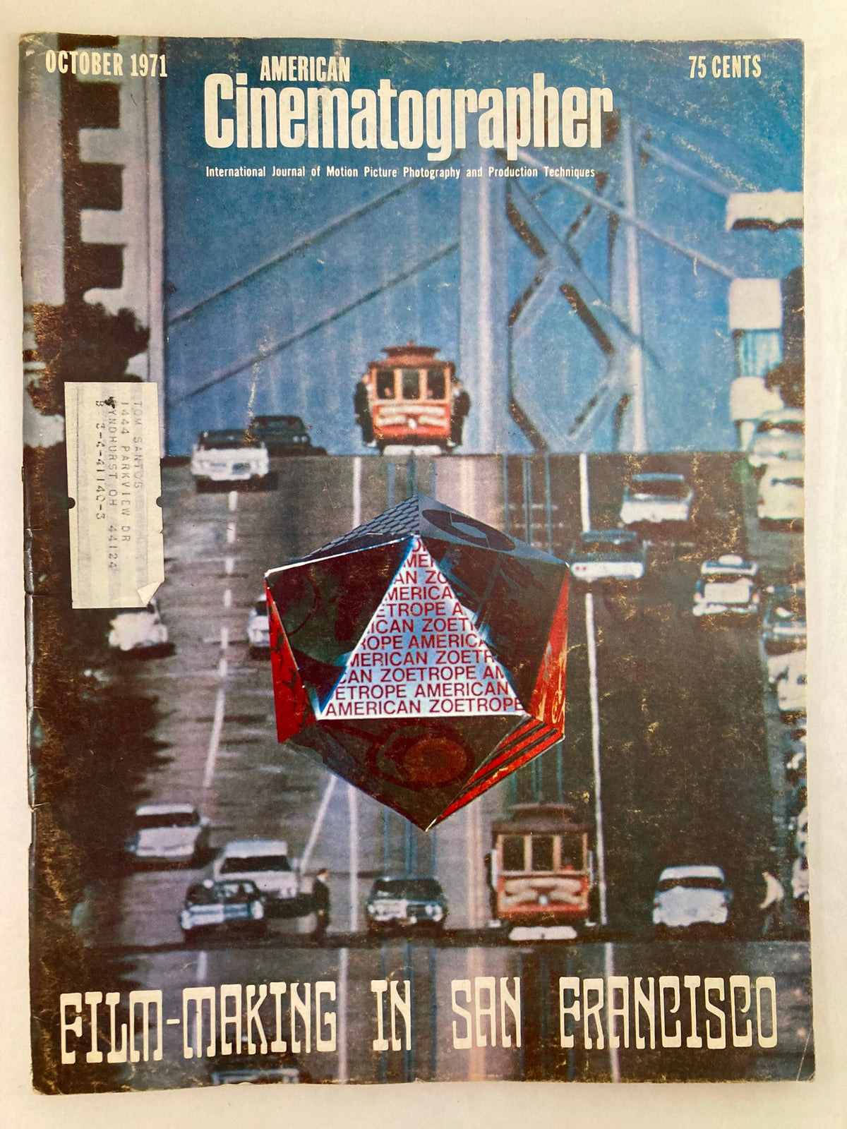 Cover of American Cinematographer Magazine, October 1971, featuring the theme 'Film-Making in San Francisco' with a visual of cable cars and the Golden Gate Bridge.