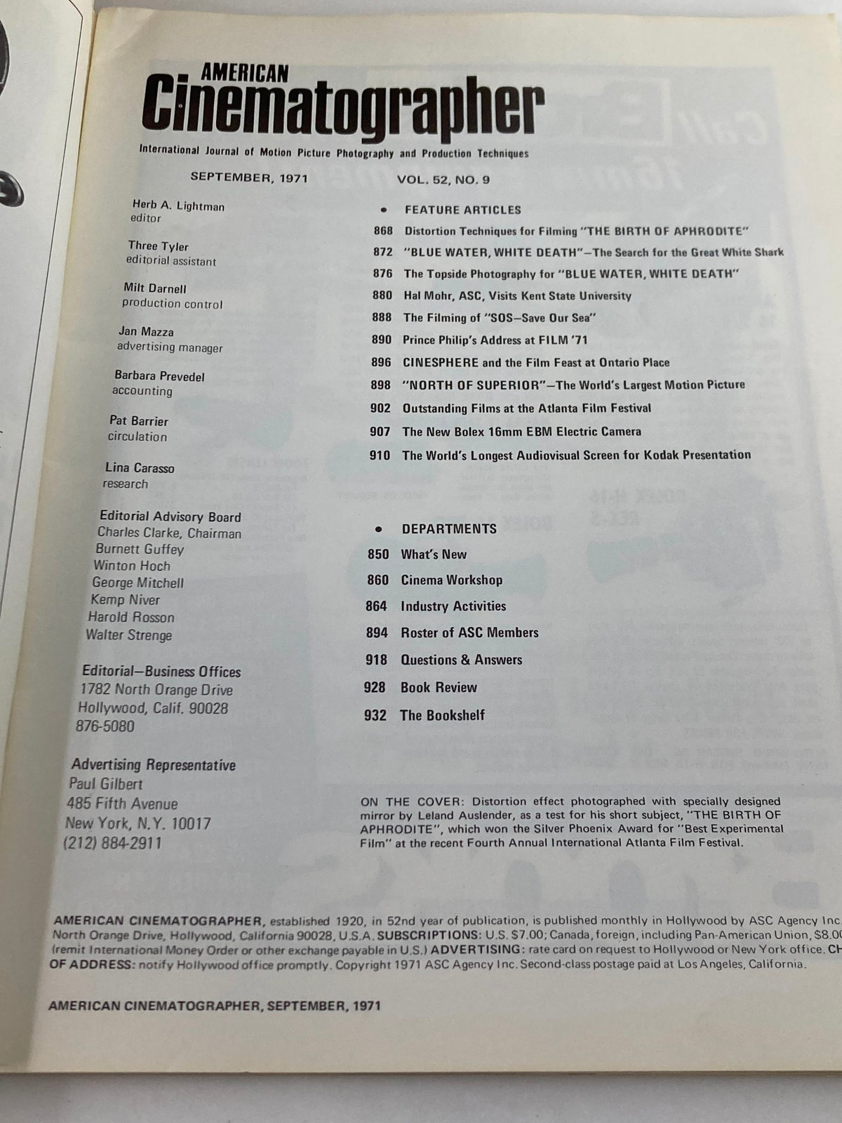 Interior page of American Cinematographer Magazine September 1971, presenting table of contents and highlighting articles including 'The Birth of Aphrodite', indicating the magazine's focus on cinematography and film production techniques.