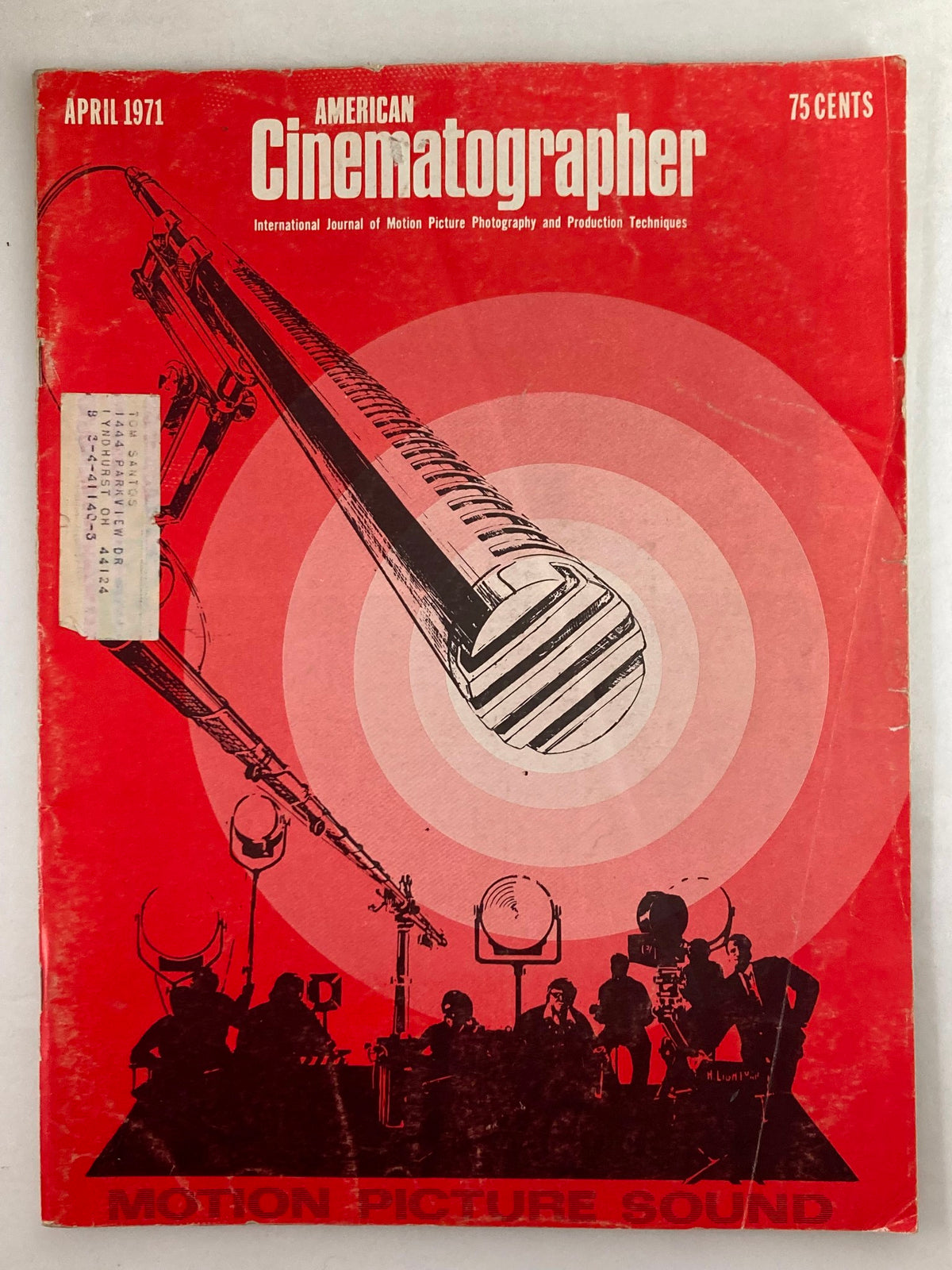 Cover of American Cinematographer Magazine, April 1971, featuring a graphic design emphasizing sound in motion pictures with an artistic microphone illustration and silhouettes of film crew members.