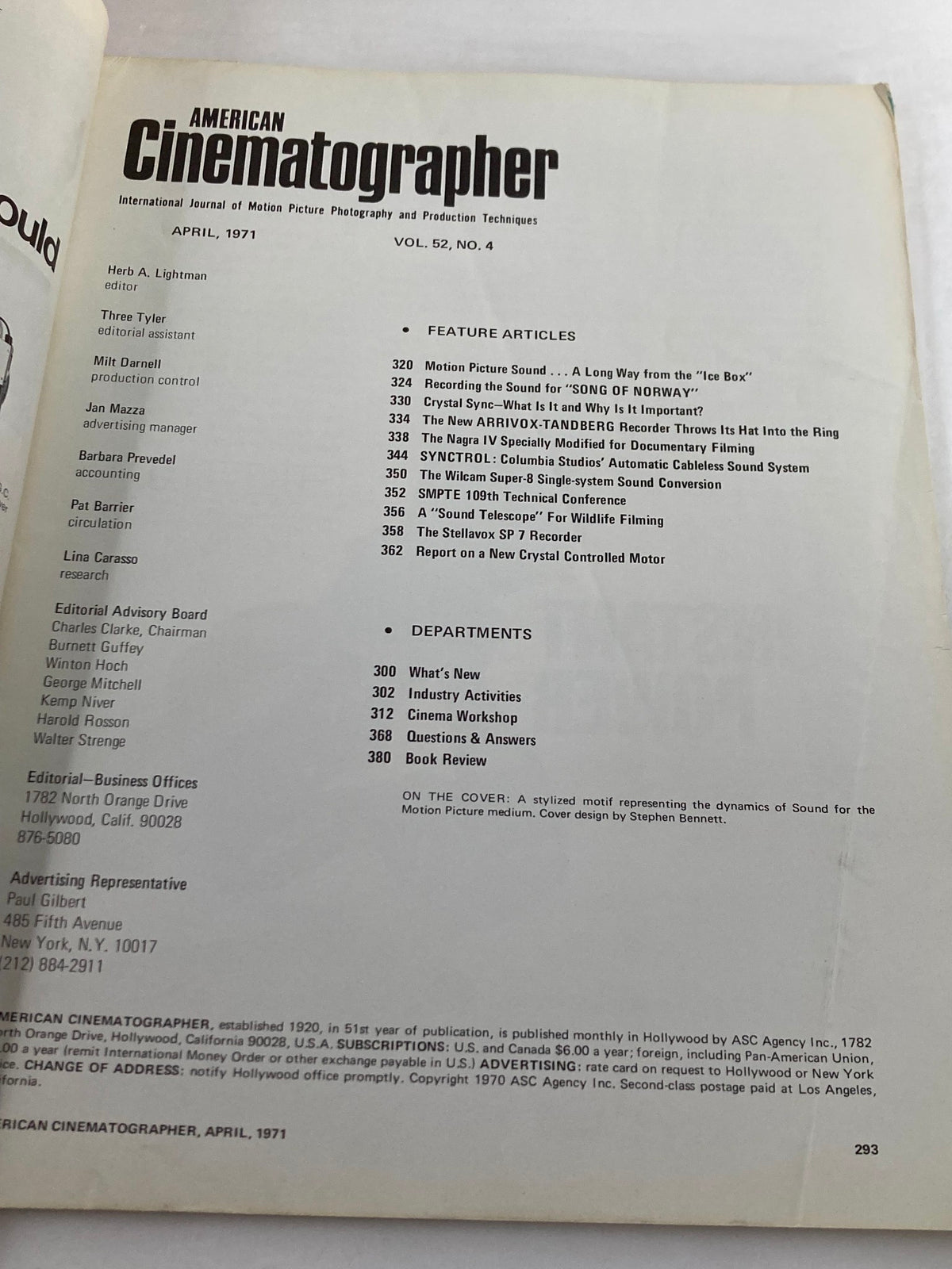 Interior page of American Cinematographer Magazine, April 1971, displaying the table of contents with various articles focused on sound techniques and engineering in motion picture production.