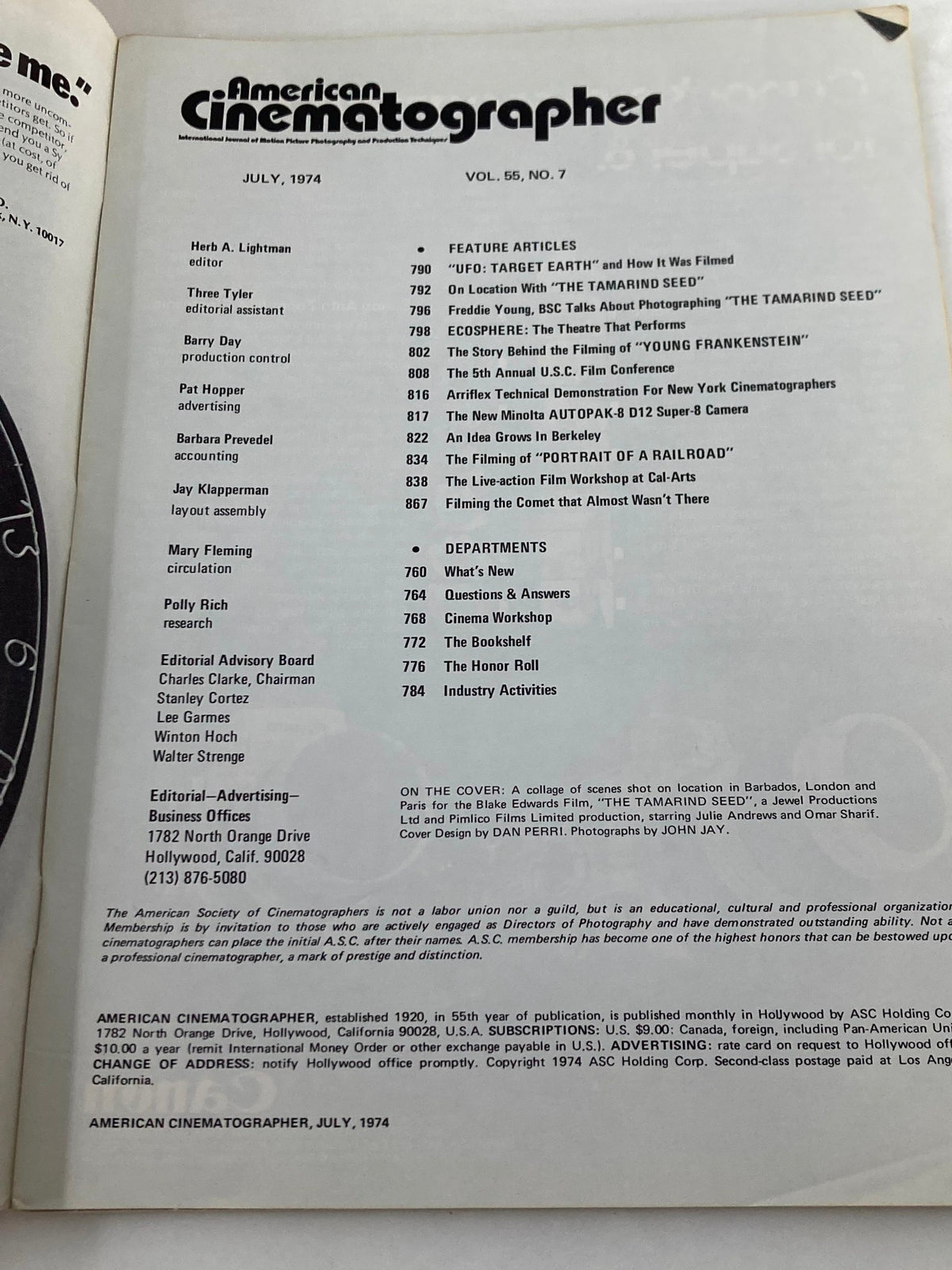 American Cinematographer Magazine July 1974 interior page displaying the table of contents, highlighting articles and features about the film The Tamarind Seed and various cinematographic topics.