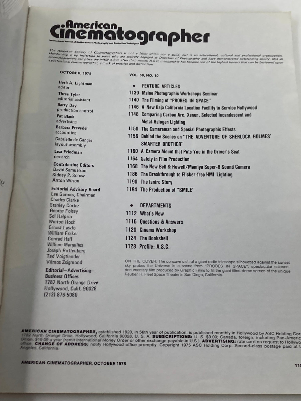 Table of contents page from American Cinematographer Magazine October 1975, listing feature articles including 'The Filming of Probes in Space' and various departments and contributors.
