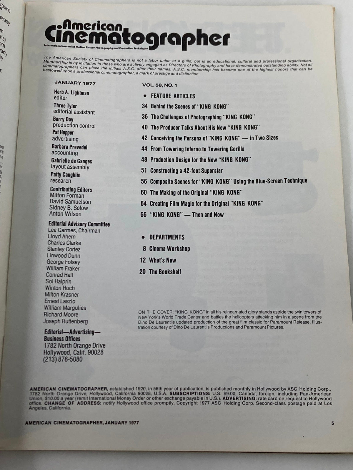 Interior page of American Cinematographer Magazine, January 1977 featuring a table of contents highlighting articles about Dino de Laurentiis's King Kong, including behind-the-scenes insights and cinematographic techniques.