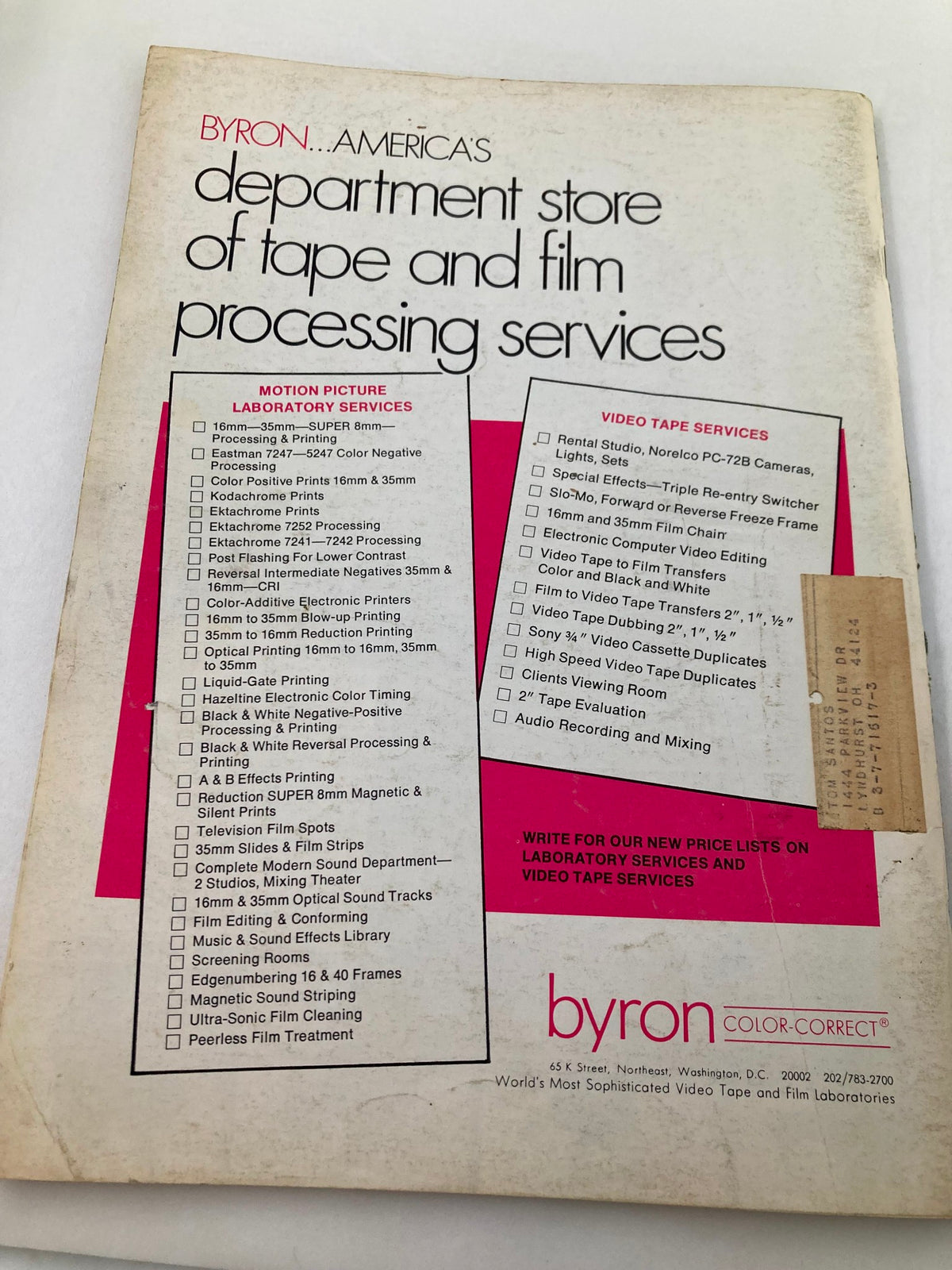 Back cover of American Cinematographer Magazine, June 1974, displaying an advertisement for Byron, a service provider for film processing and editing.