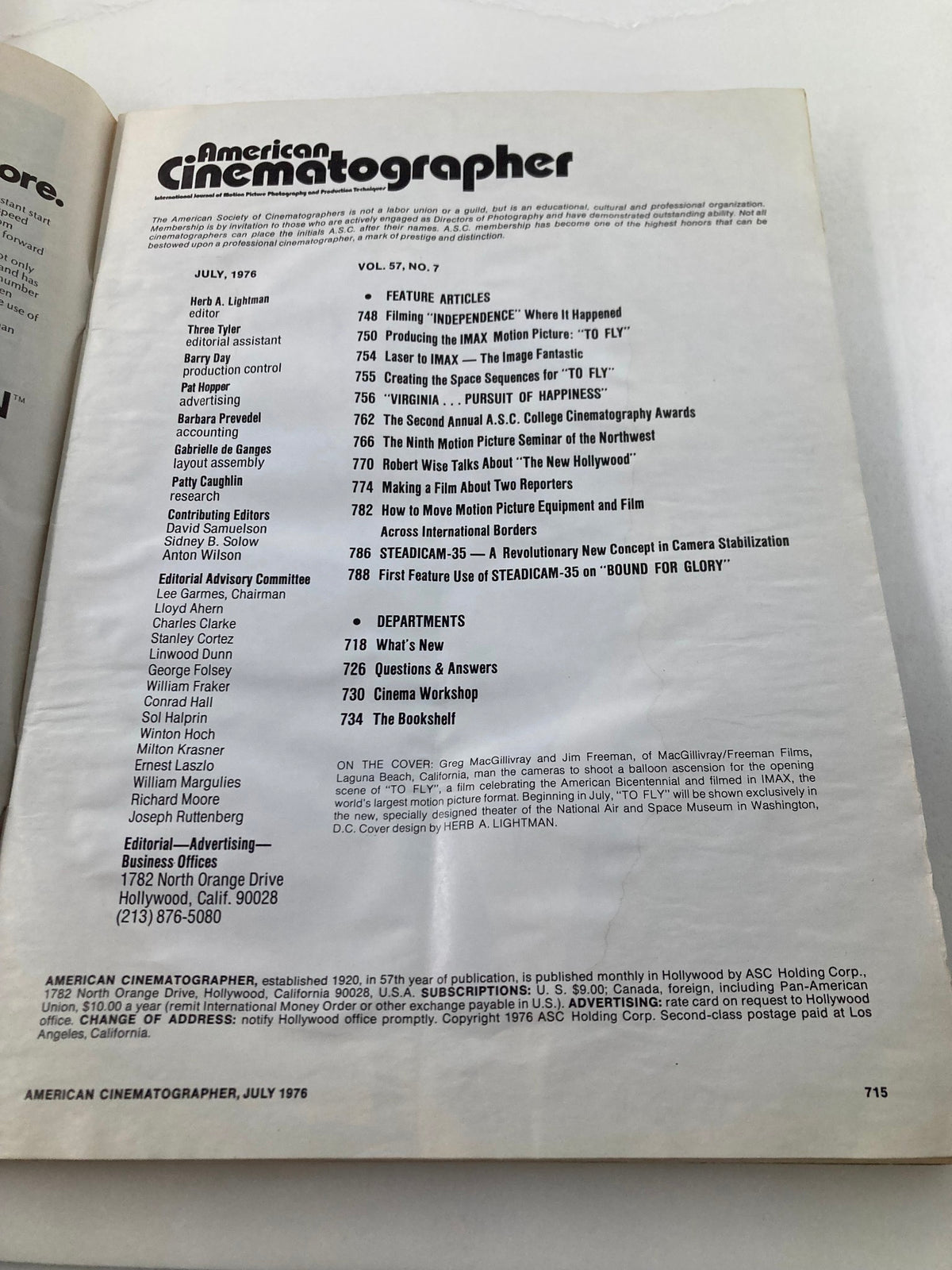 Inside page of American Cinematographer Magazine July 1976 displaying the table of contents, highlighting articles by Greg MacGillivray and Jim Freeman.