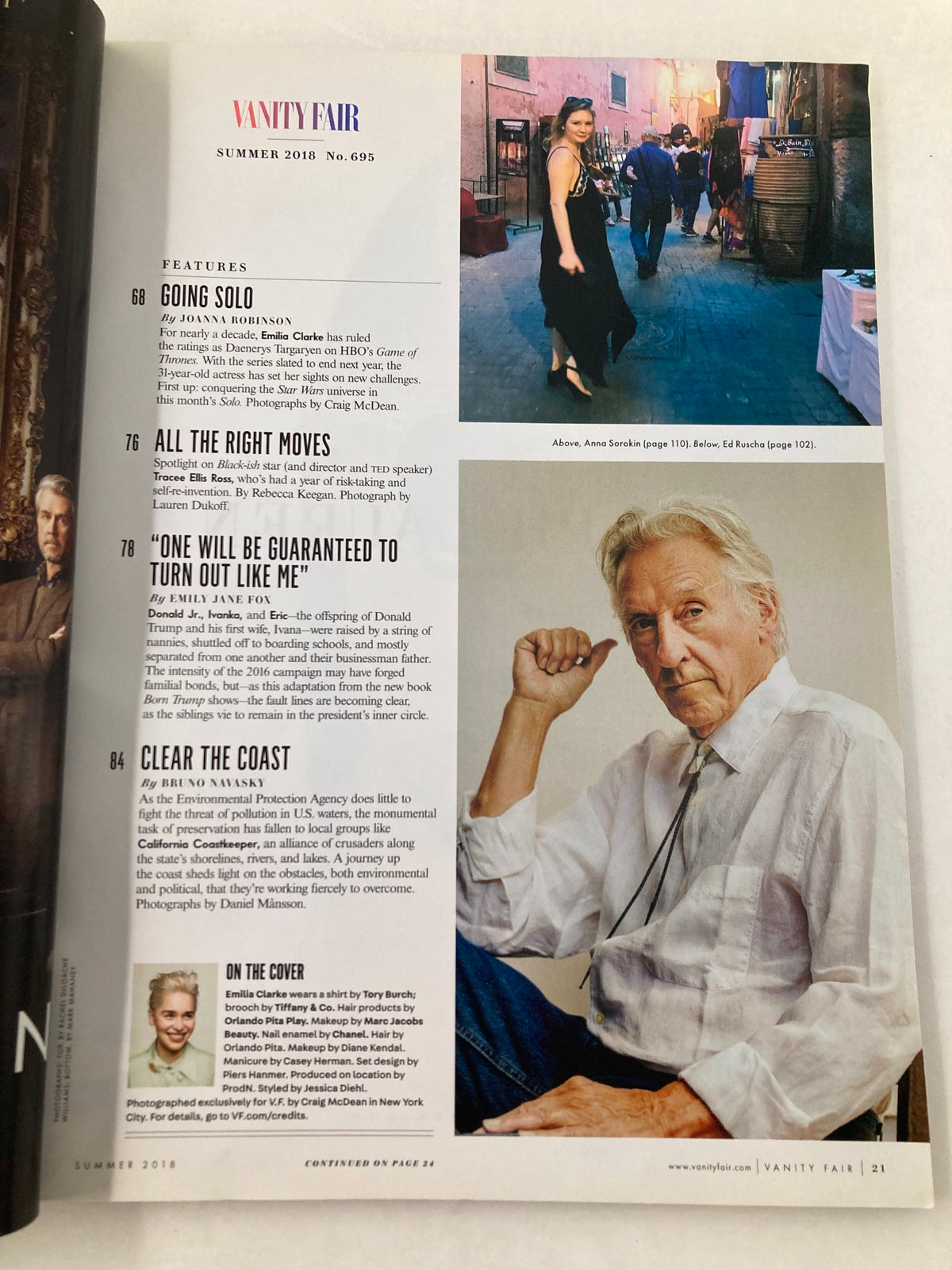 Interior page of the Summer 2018 Vanity Fair Magazine, featuring articles including 'Going Solo' and a photograph of Anna Sorokin, enhancing the magazine's narrative on contemporary culture.