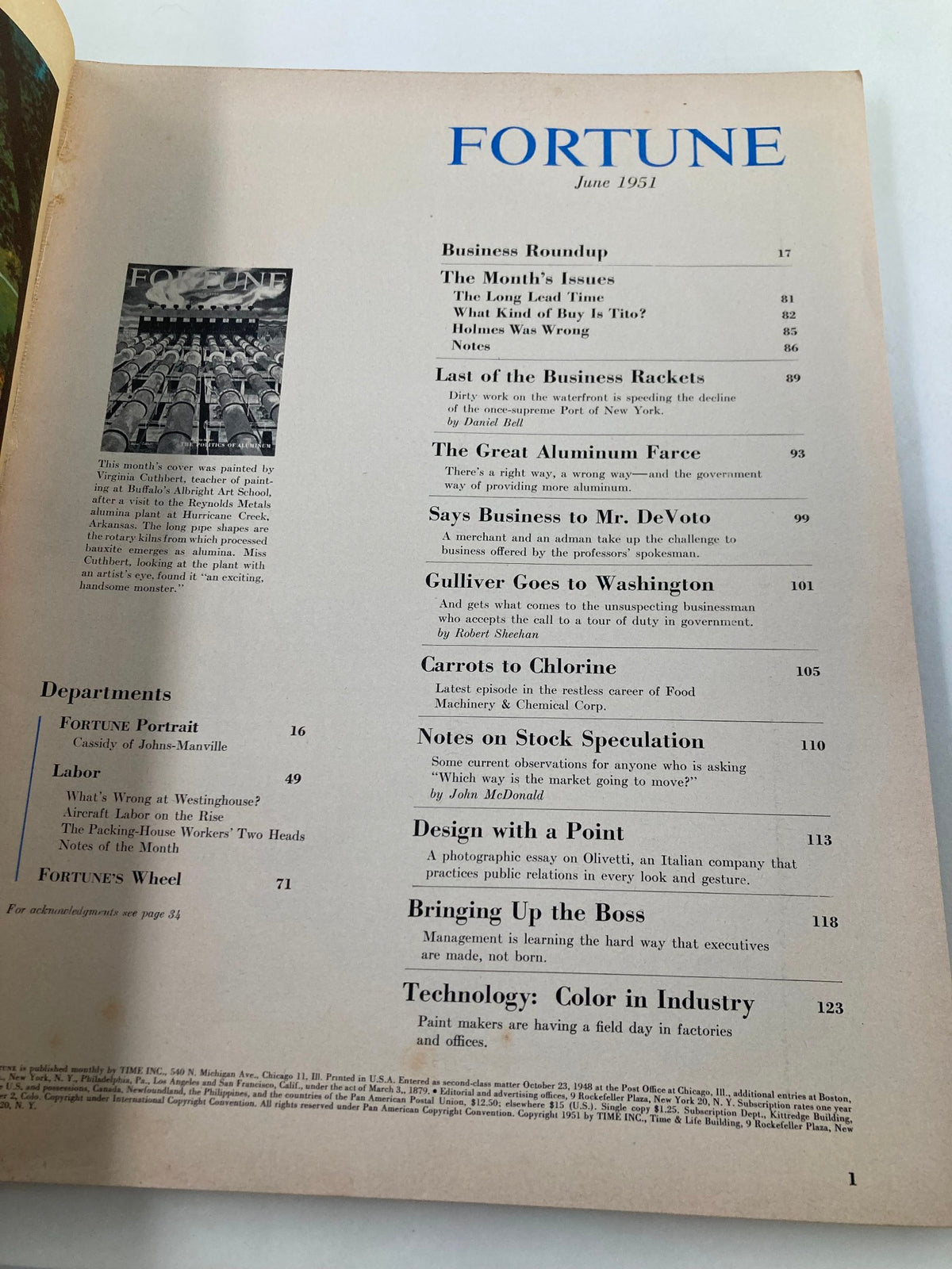 Inside page of VTG Fortune Magazine June 1951 featuring the table of contents and various articles including The Great Aluminum Farce and other topics relevant to the socio-political landscape of the early 1950s.
