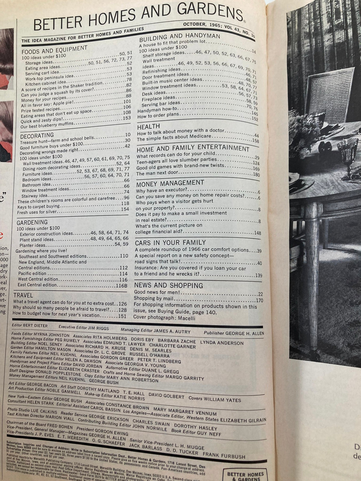 Inside page of VTG Better Homes & Gardens Magazine October 1965 displaying the table of contents, including articles on home decor, gardening, and health tips.