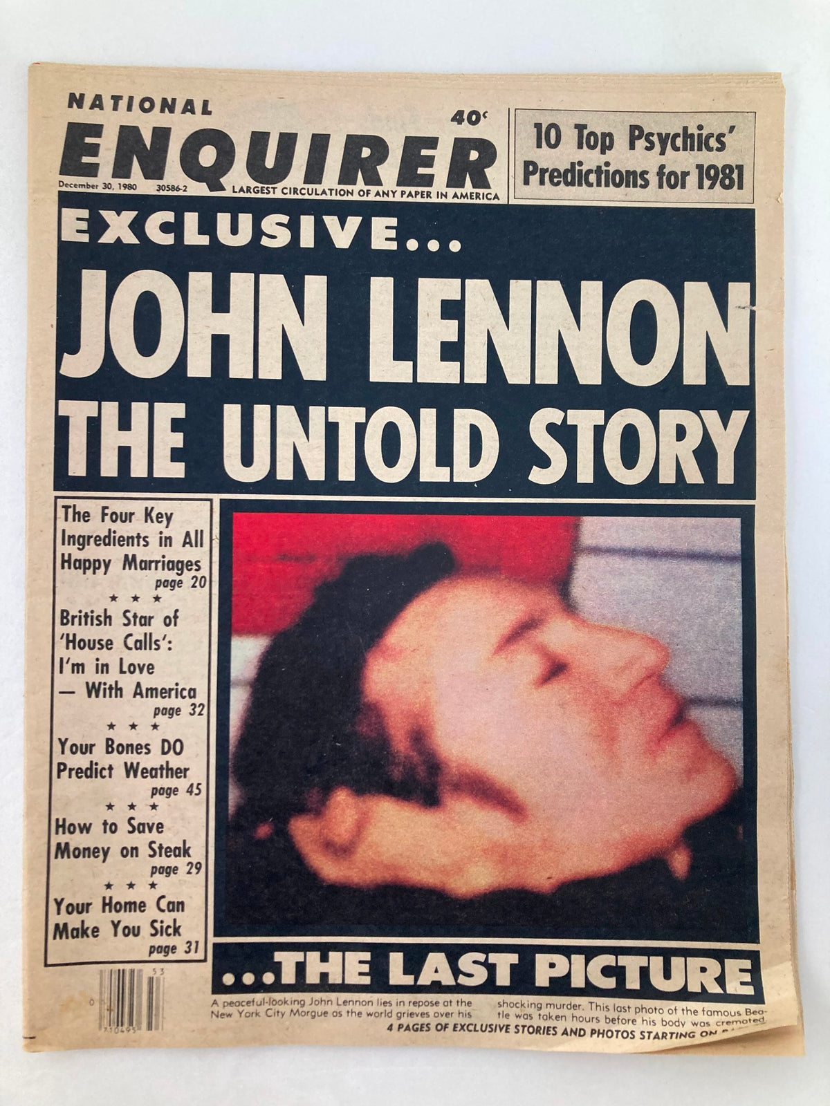 National Enquirer Tabloid December 30 1980 featuring John Lennon The Untold Story on the cover, showcasing a prominent headline and imagery related to the publication.
