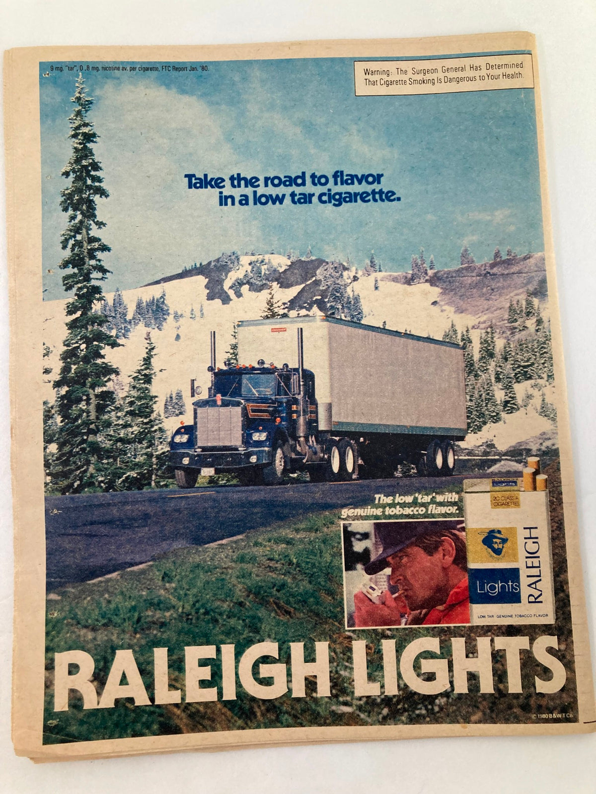 National Enquirer Tabloid December 30 1980 John Lennon The Untold Story with an advertisement featuring a truck on a scenic road promoting Raleigh Lights cigarettes.