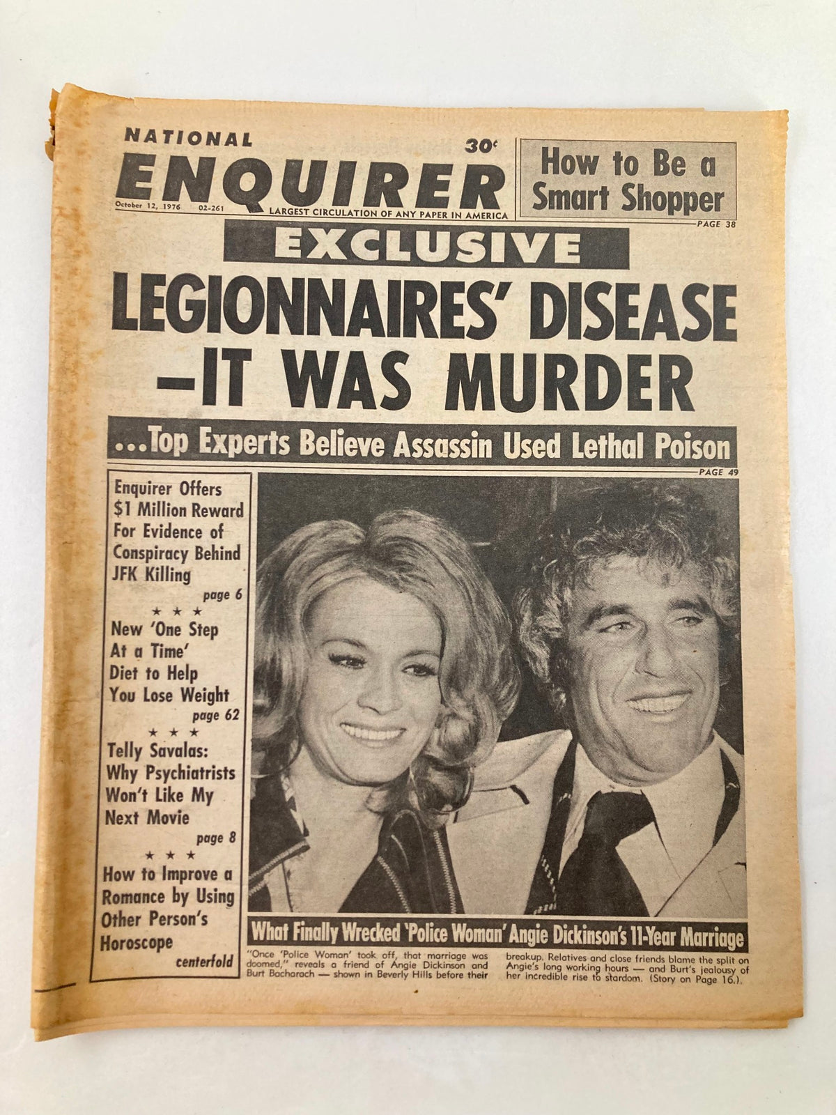 National Enquirer Tabloid from October 12, 1976 featuring an exclusive article on Legionnaires’ disease and its implications, alongside images of Angie Dickinson and Burt Bacharach; includes details on JFK conspiracy theories and marriage issues.