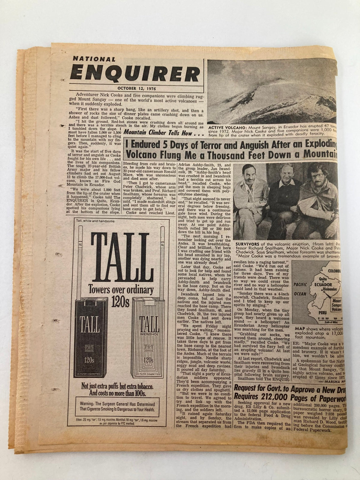 National Enquirer tabloid from October 12, 1976, featuring an article about a climber's experience with a volcano, showing interior pages and text details.
