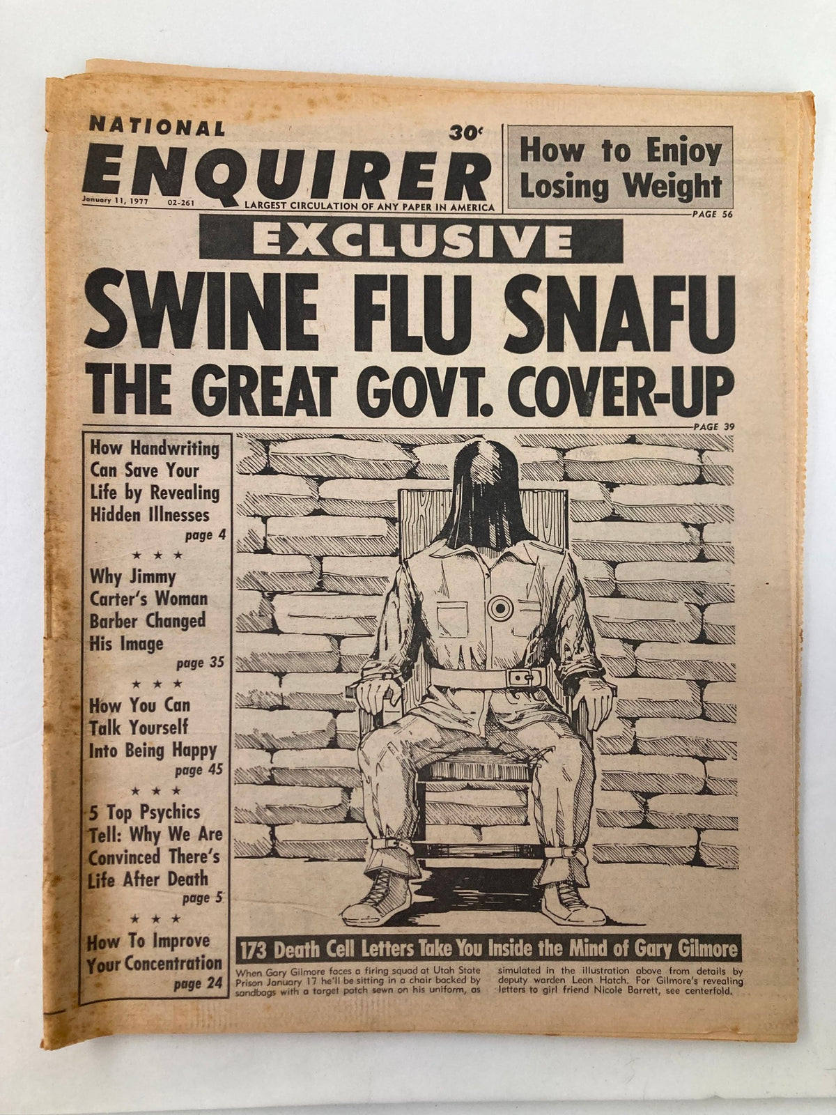 National Enquirer Tabloid January 11 1977 cover featuring Swine Flu Snafu and Great Government Cover-up illustration.