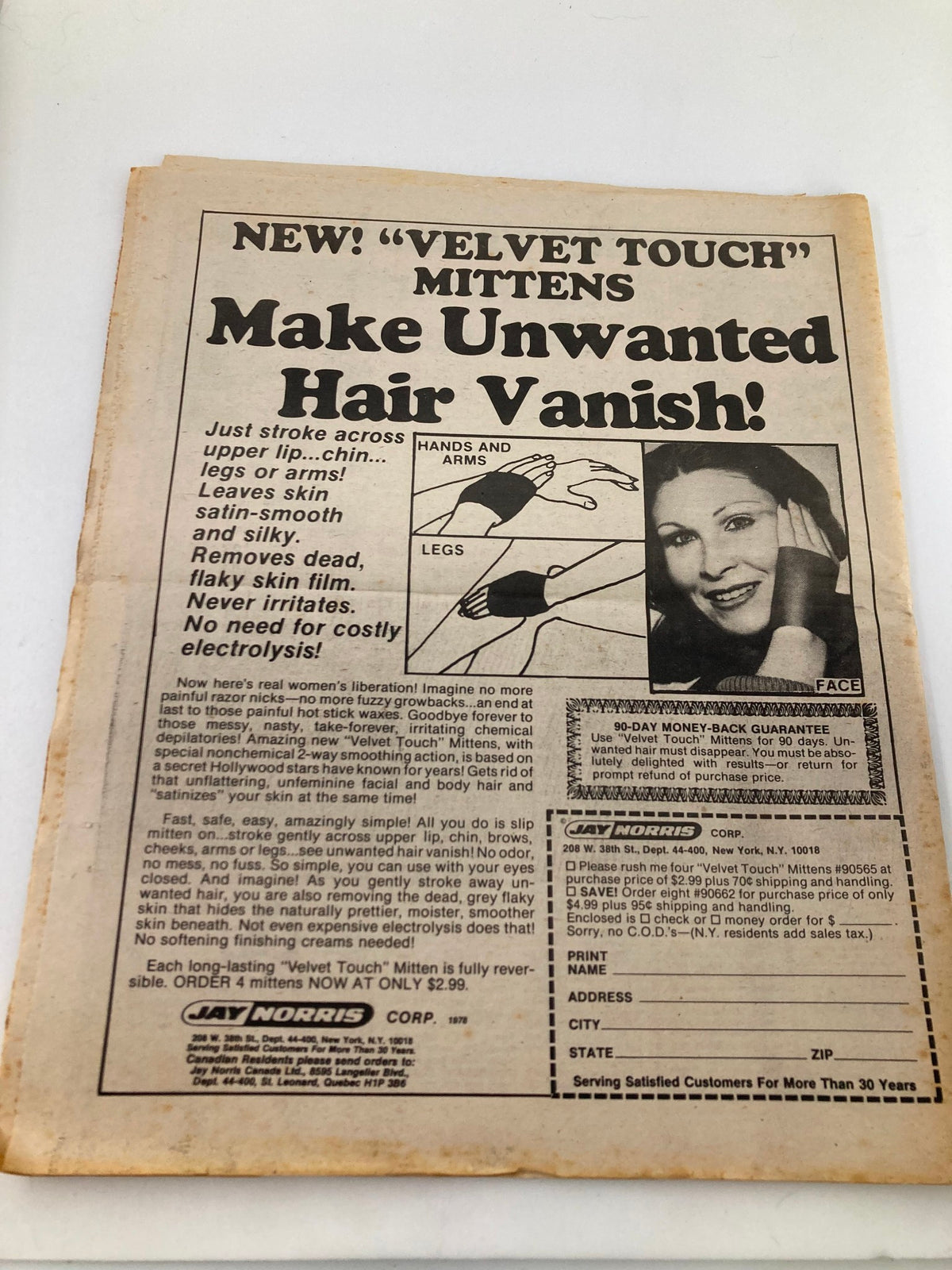 Back advertisement from the Midnight Globe Tabloid June 6 1978 showcasing 'Velvet Touch' mittens for hair removal with illustrations and guarantee details.