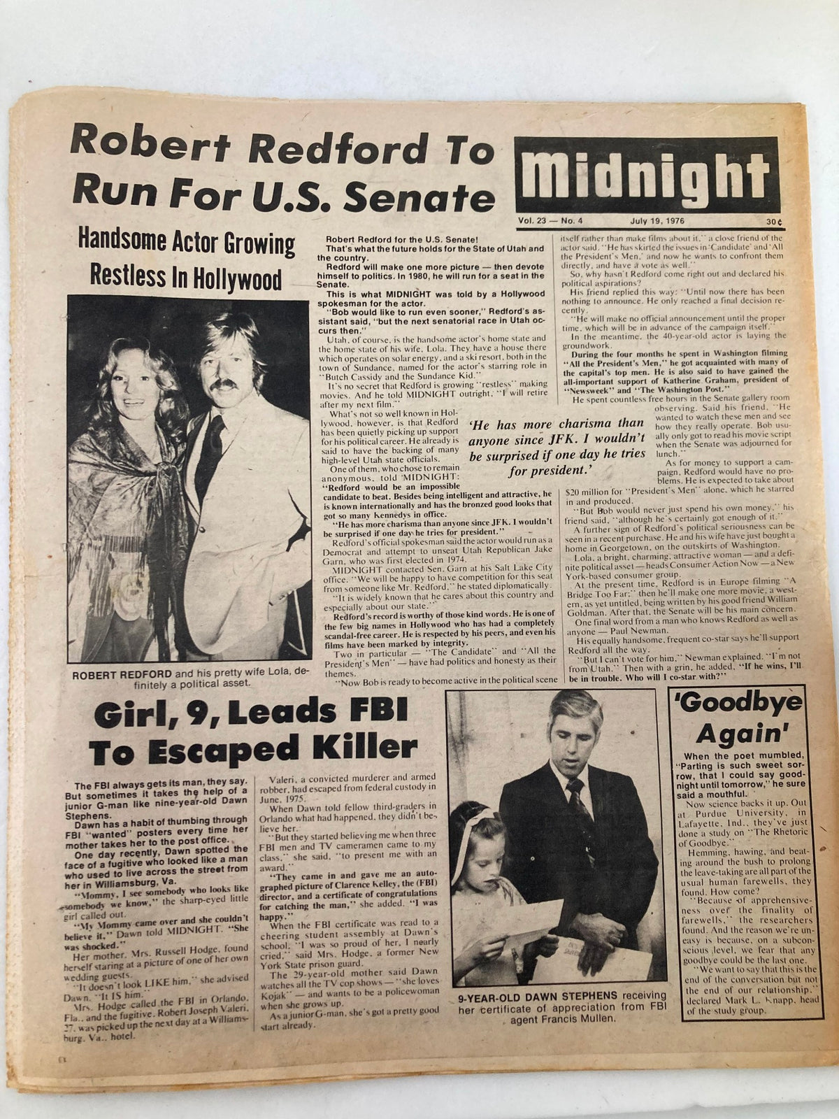 Cover of Midnight Tabloid, July 19, 1976, Vol 23 #4, featuring articles on Robert Redford, a girl who led the FBI to an escaped killer, and other notable stories.